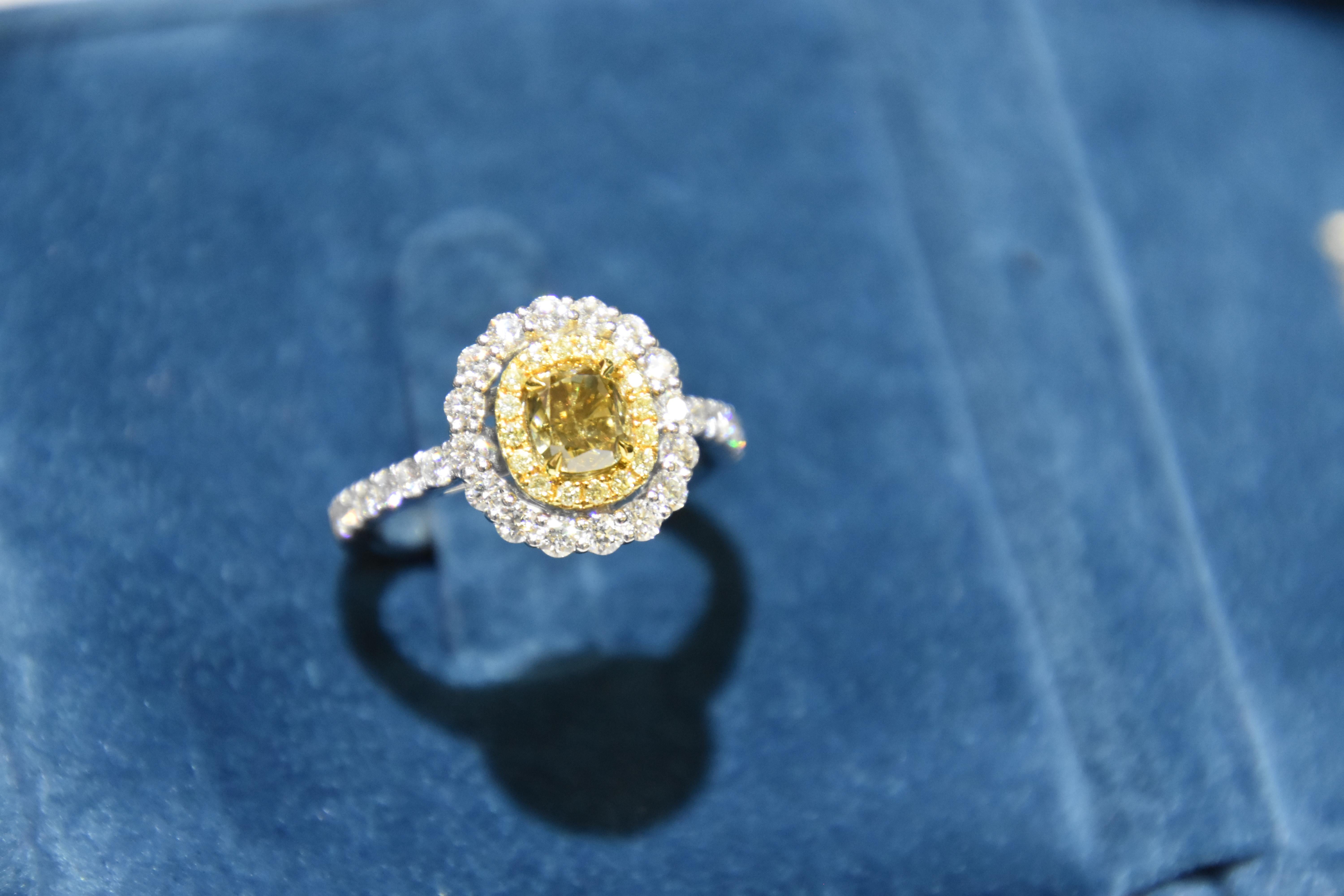 GIA Certified 1.15 Carat Fancy Deep Brownish Greenish Yellow Diamond Ring For Sale 2