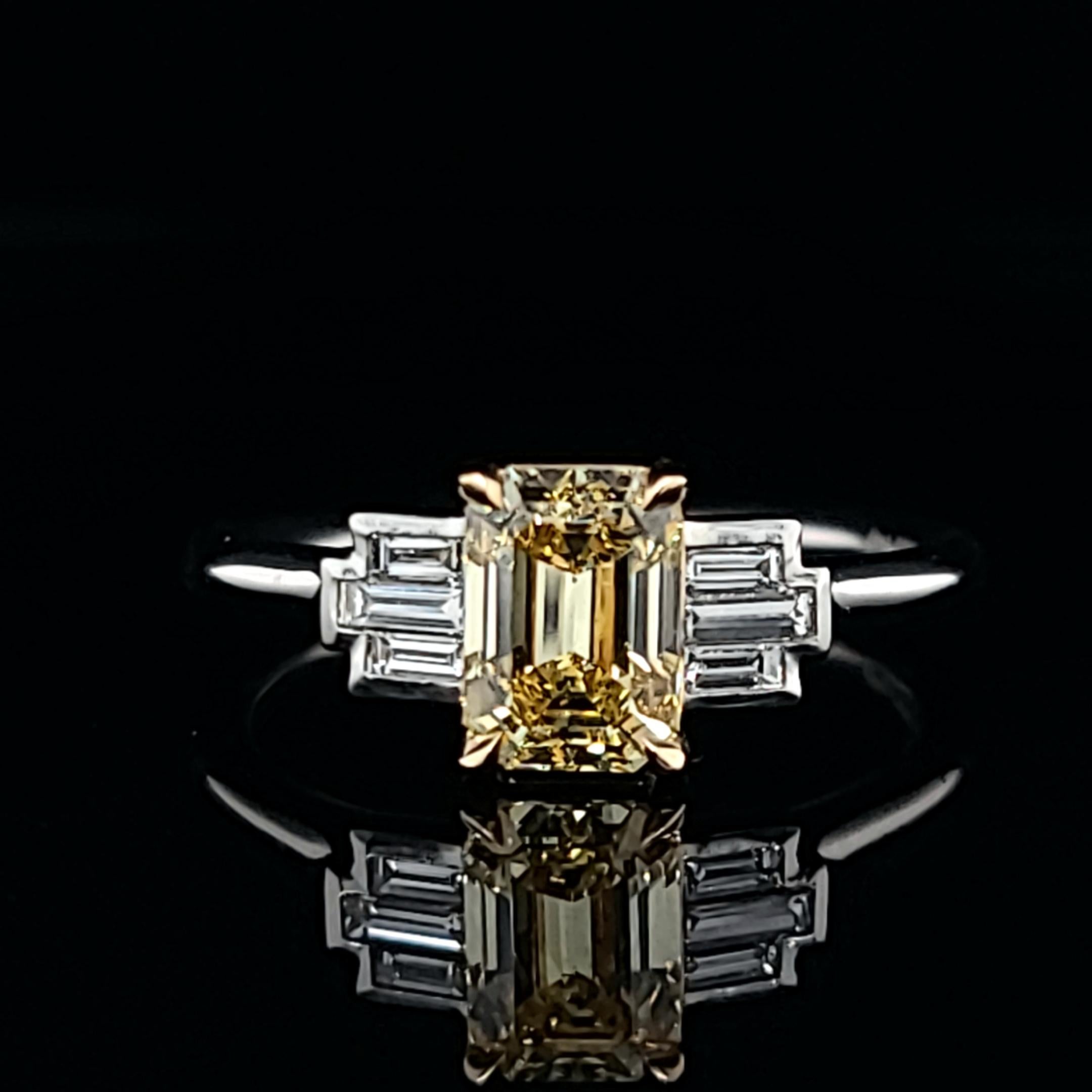 Contemporary GIA Certified 1.15 Carat Fancy Vivid Yellow Emerald Cut Handmade Ring For Sale