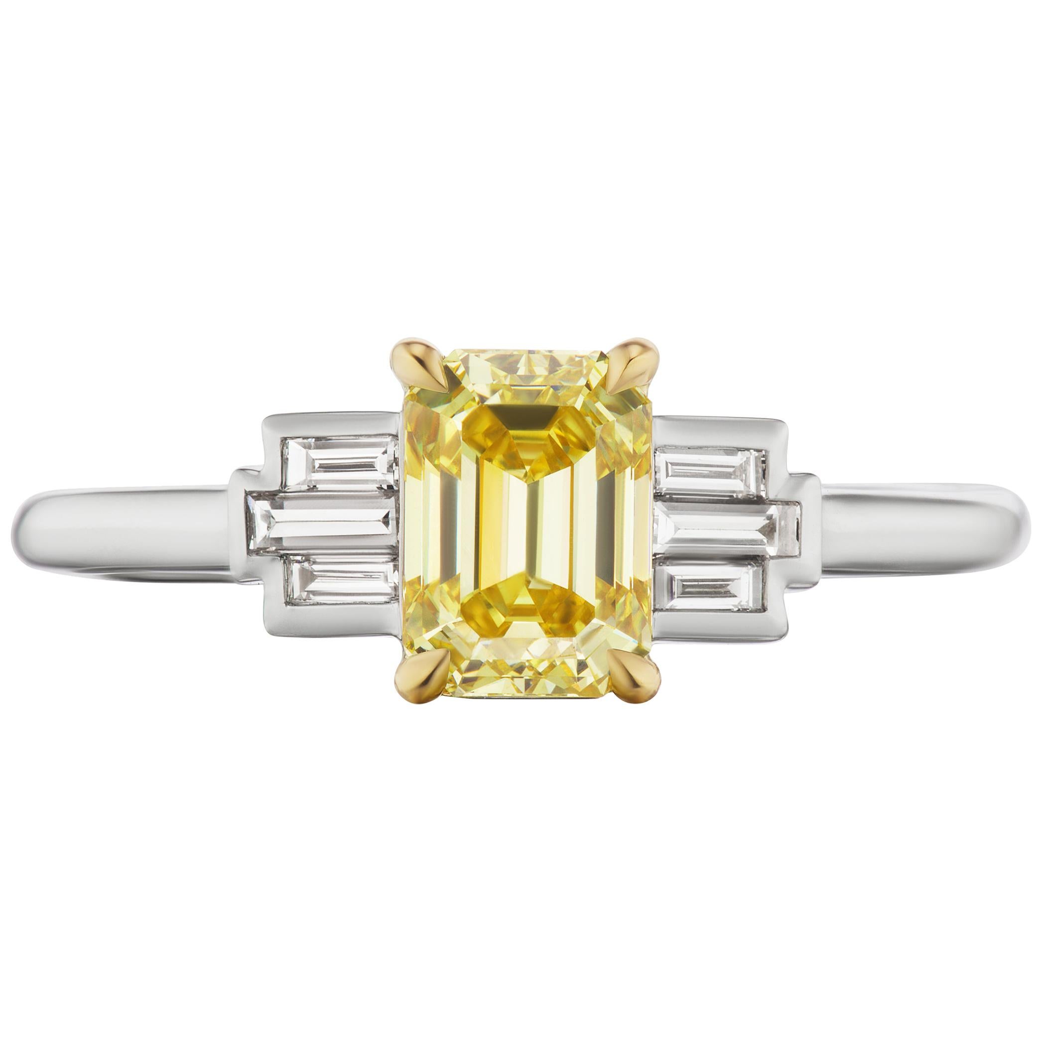 GIA Certified 1.15 Carat Fancy Vivid Yellow Emerald Cut Handmade Ring