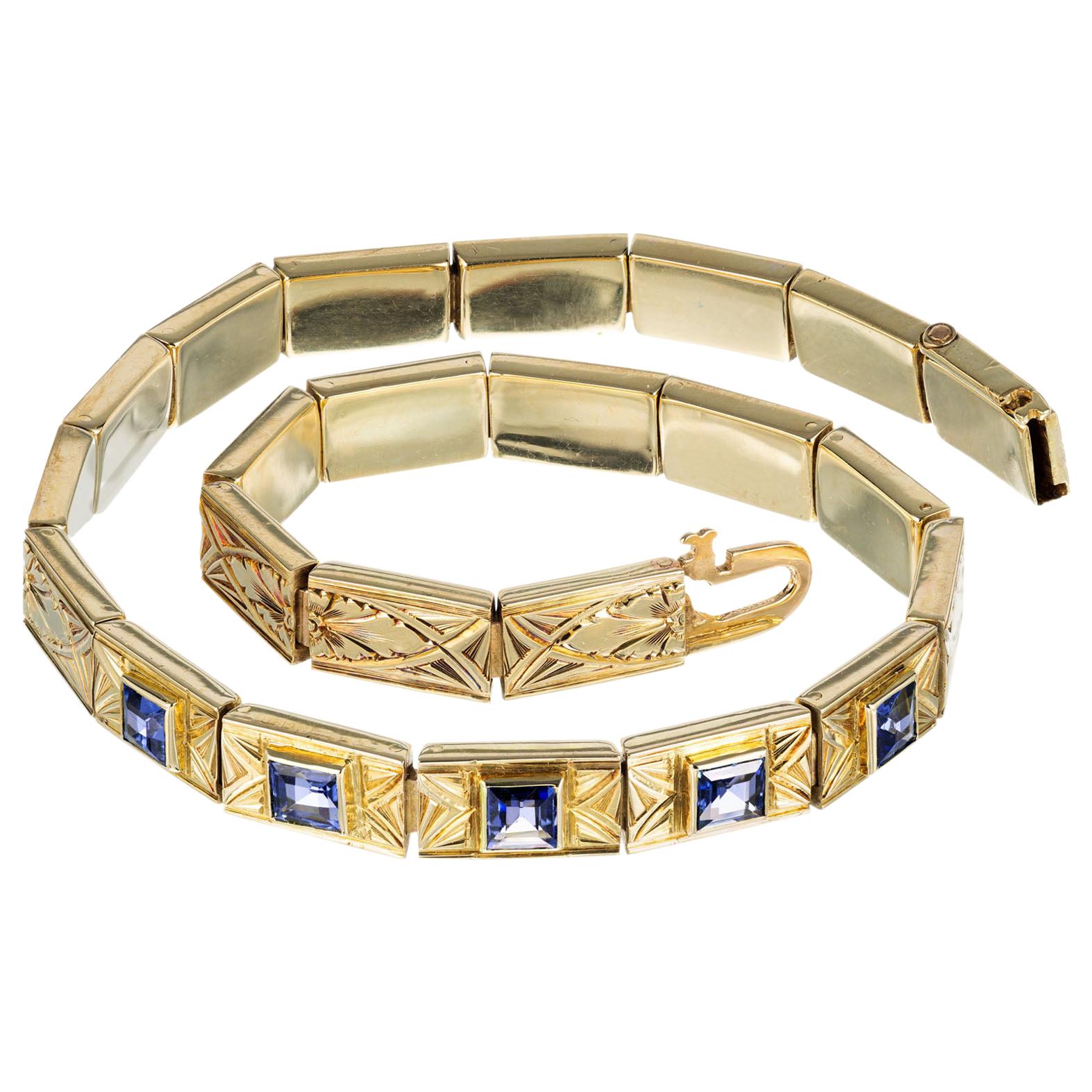 GIA Certified 1.15 Carat Montana Sapphire Yellow Gold Art Deco Bracelet For Sale