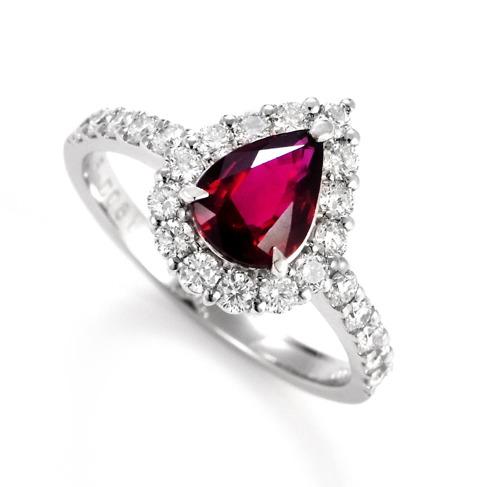 A beautiful Ring set in Platinum featuring a GIA Certified 1.15 Carat Natural Thai (Siam) Ruby and 0.61 Carat Diamonds. Rubies are referred to as 