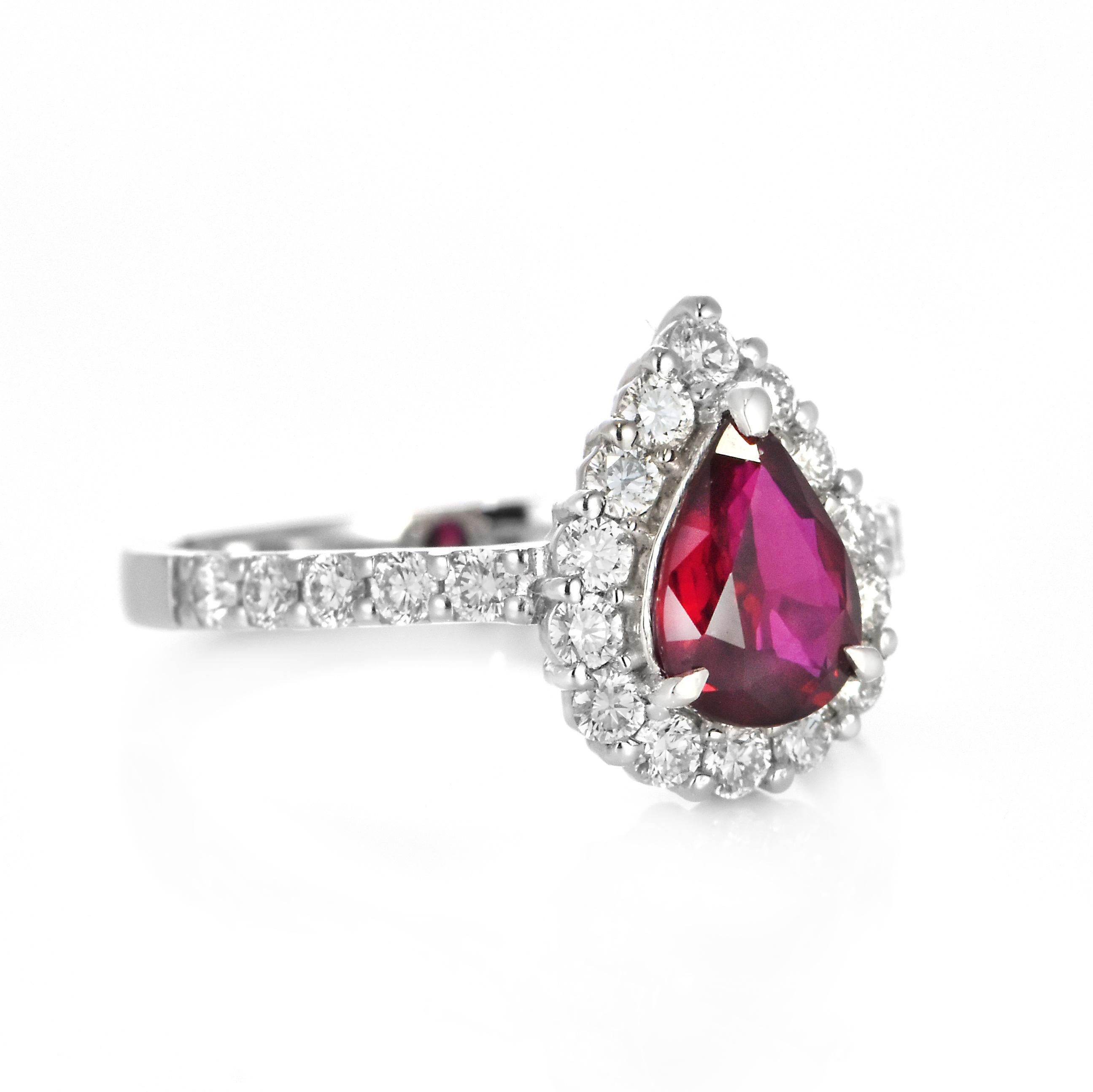 Pear Cut GIA Certified 1.15 Carat Natural, Siam Ruby and Diamond Ring made in Platinum For Sale