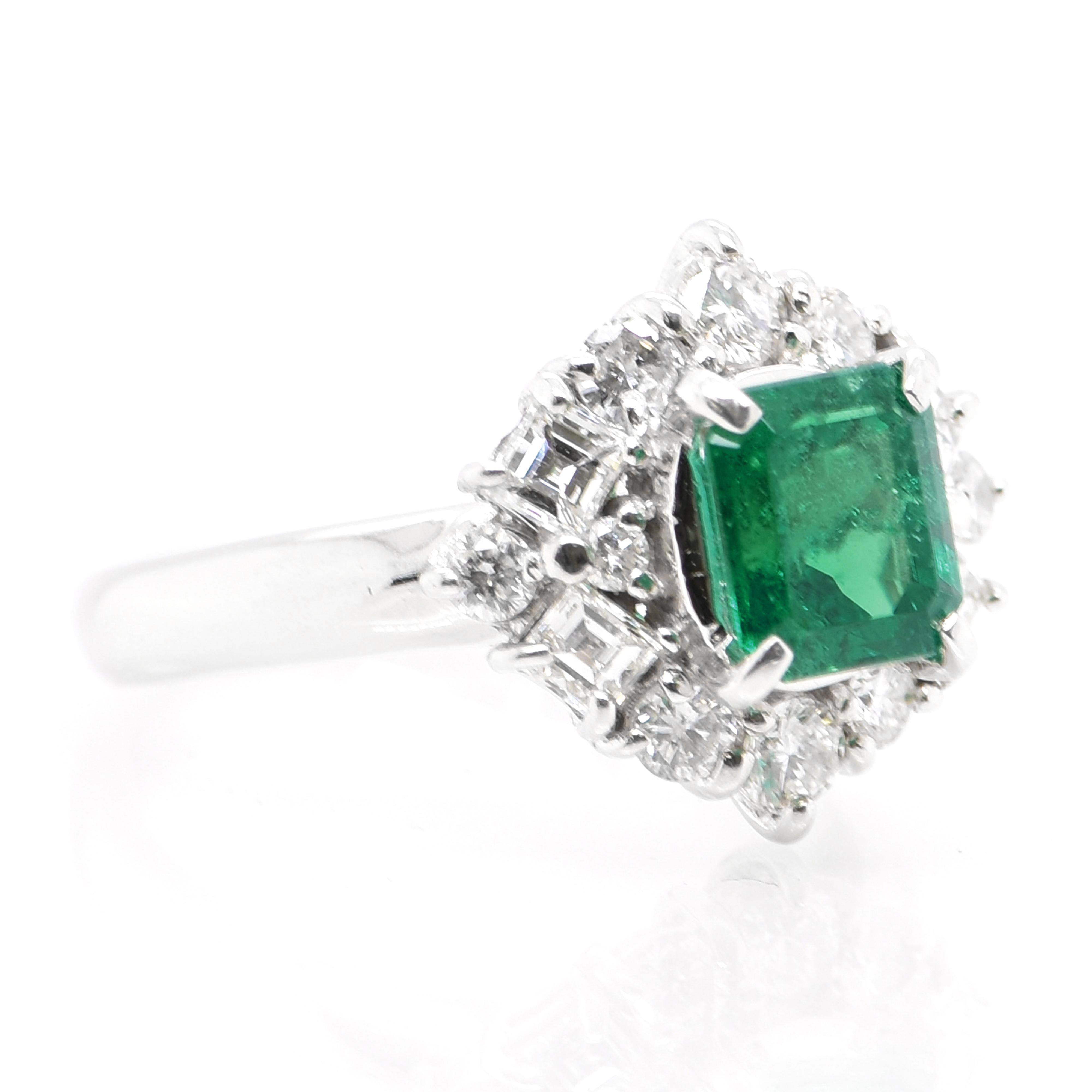 A stunning Engagement/Cocktail ring featuring a 1.15 Carat GIA certified No Oil Colombian Emerald and 0.34 Carats of Diamond Accents set in Platinum. People have admired emerald’s green for thousands of years. Emeralds have always been associated