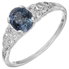 Retro GIA Certified 1.15 Carat Oval Sapphire Diamond Platinum Engagement Ring