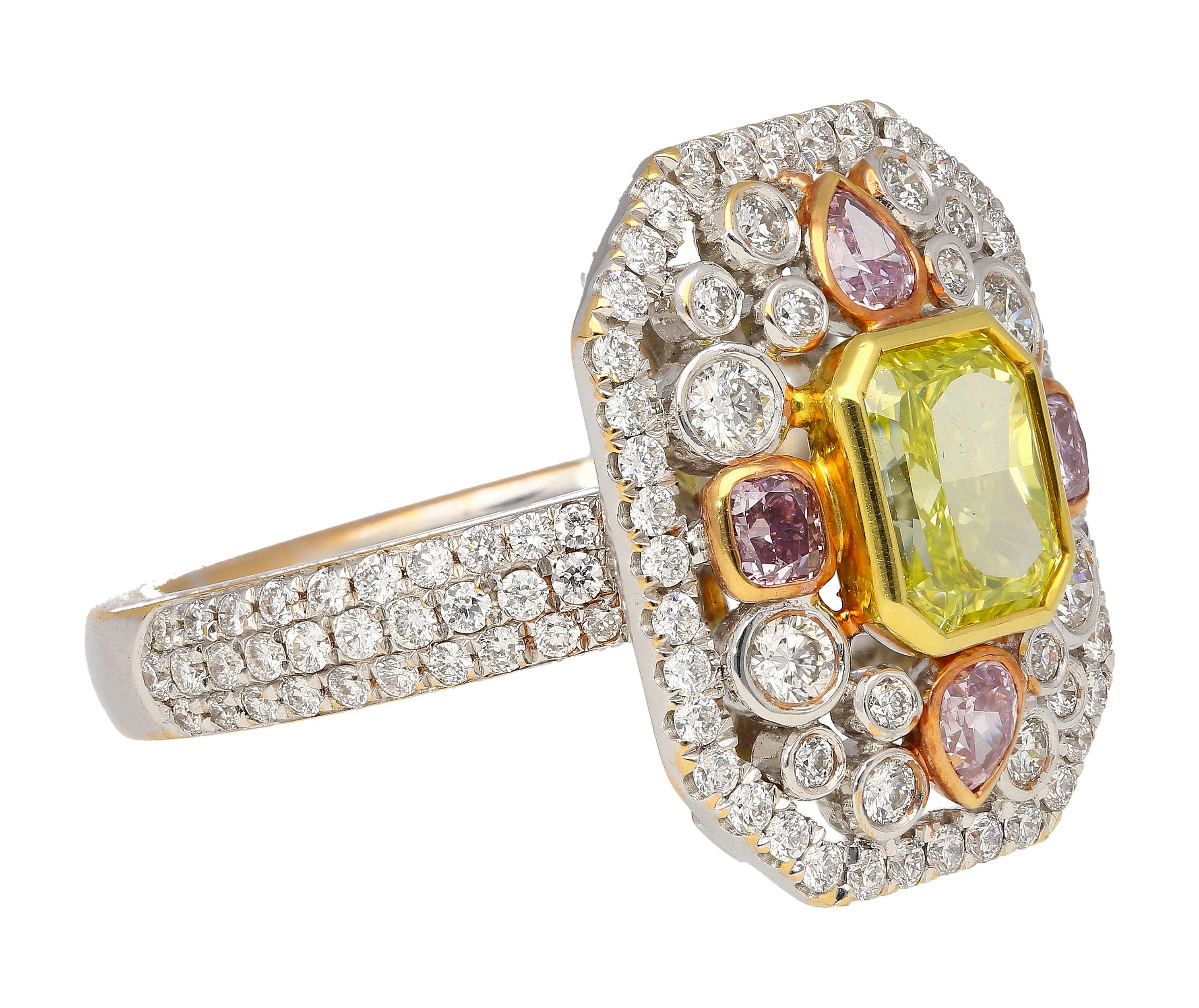 GIA Certified 1.15 Carat Radiant Cut Fancy Intense Yellowish Green Diamond Ring In New Condition For Sale In Miami, FL