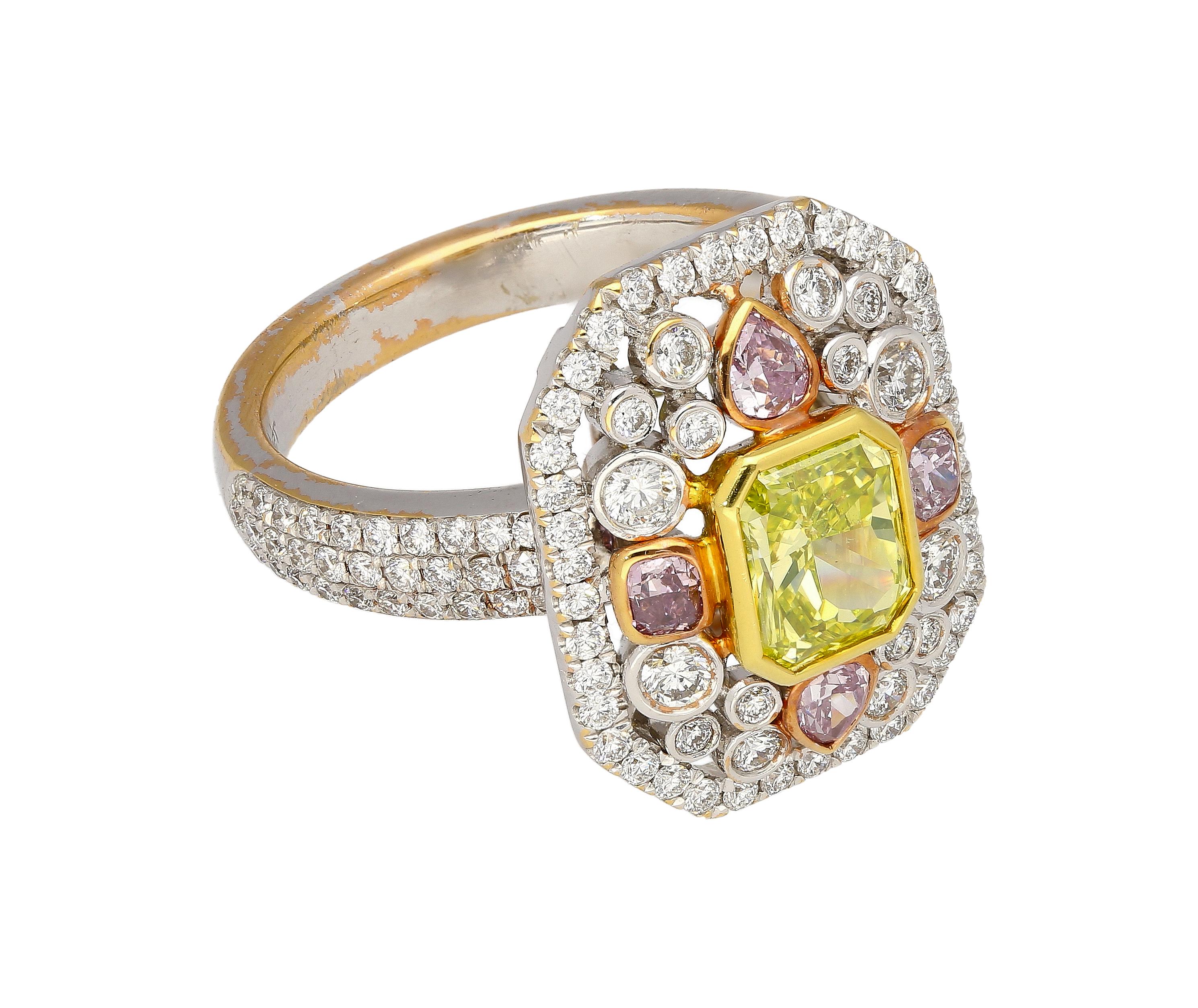 Women's GIA Certified 1.15 Carat Radiant Cut Fancy Intense Yellowish Green Diamond Ring For Sale