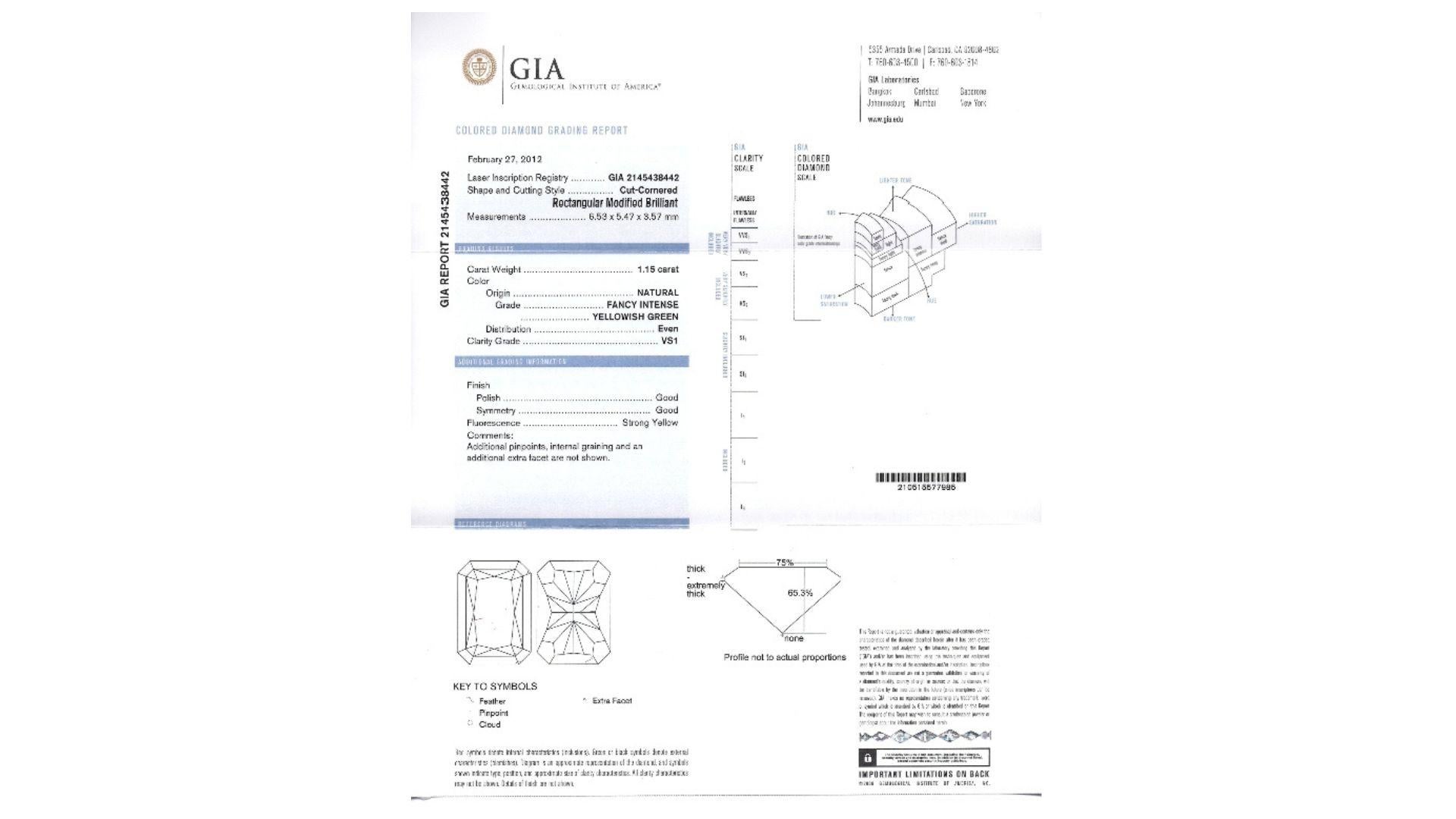 GIA Certified 1.15 Carat Radiant Cut Fancy Intense Yellowish Green Diamond Ring For Sale 6