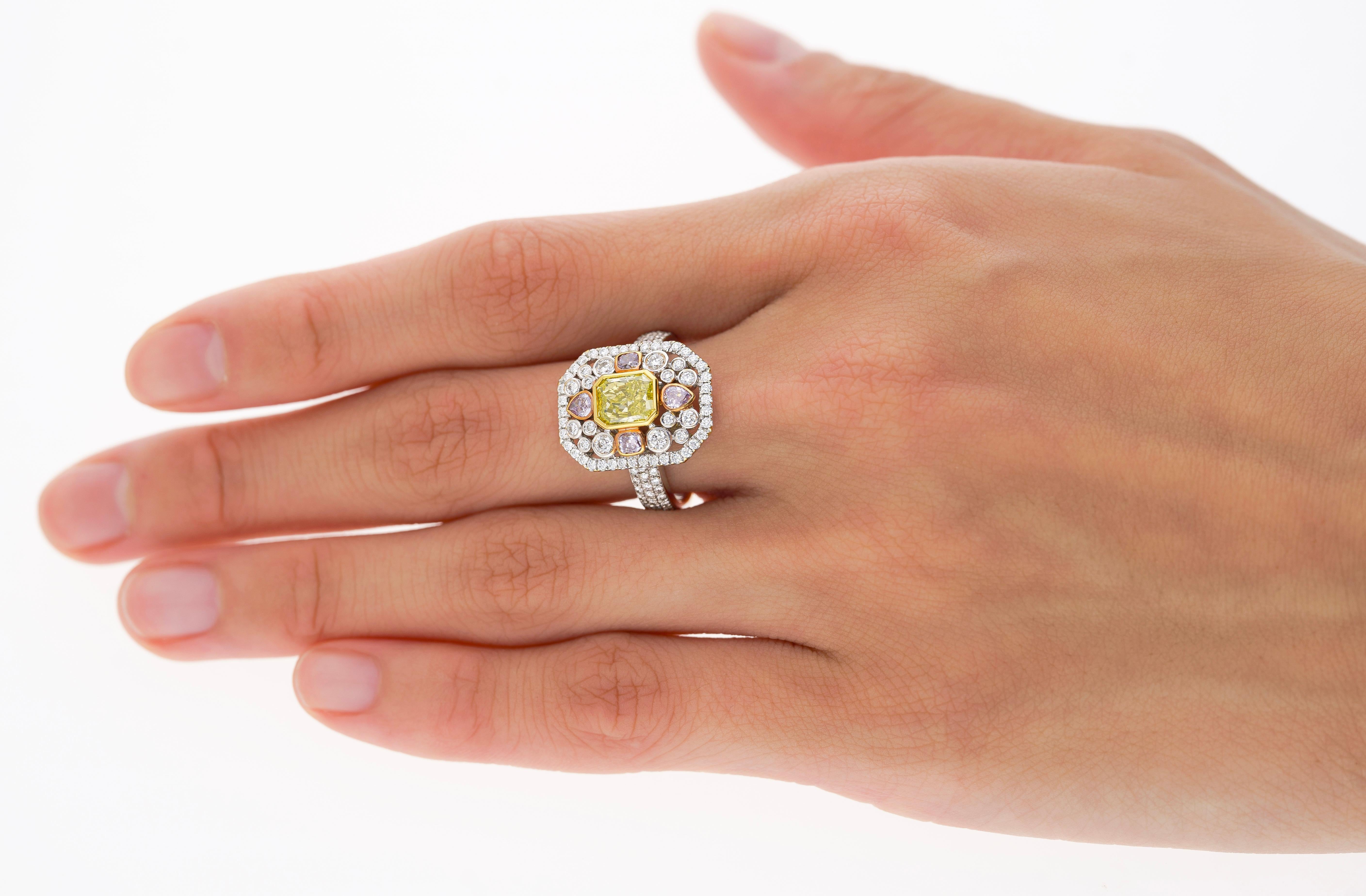 GIA Certified 1.15 Carat Radiant Cut Fancy Intense Yellowish Green Diamond Ring For Sale 2