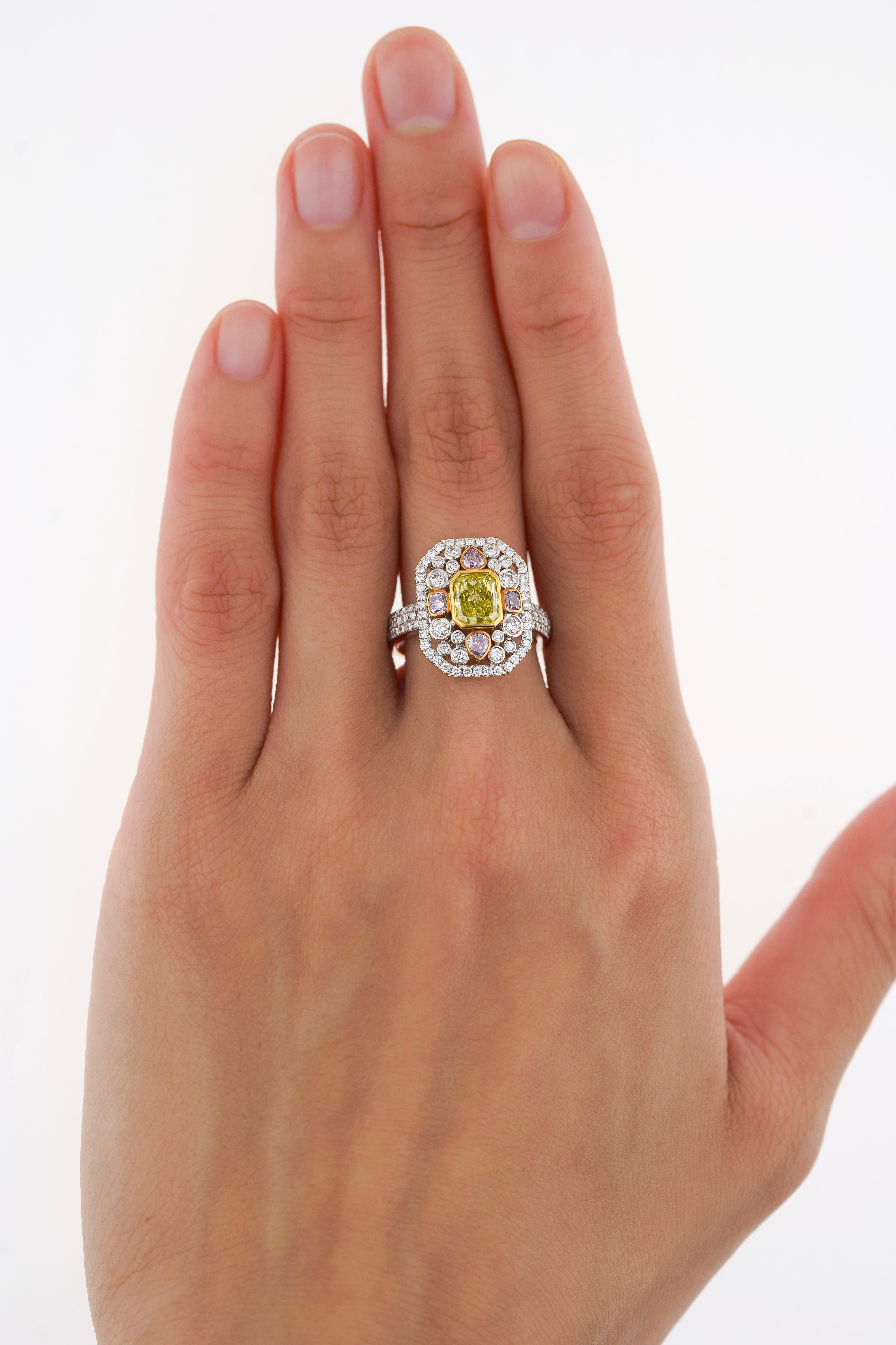 GIA Certified 1.15 Carat Radiant Cut Fancy Intense Yellowish Green Diamond Ring For Sale 3