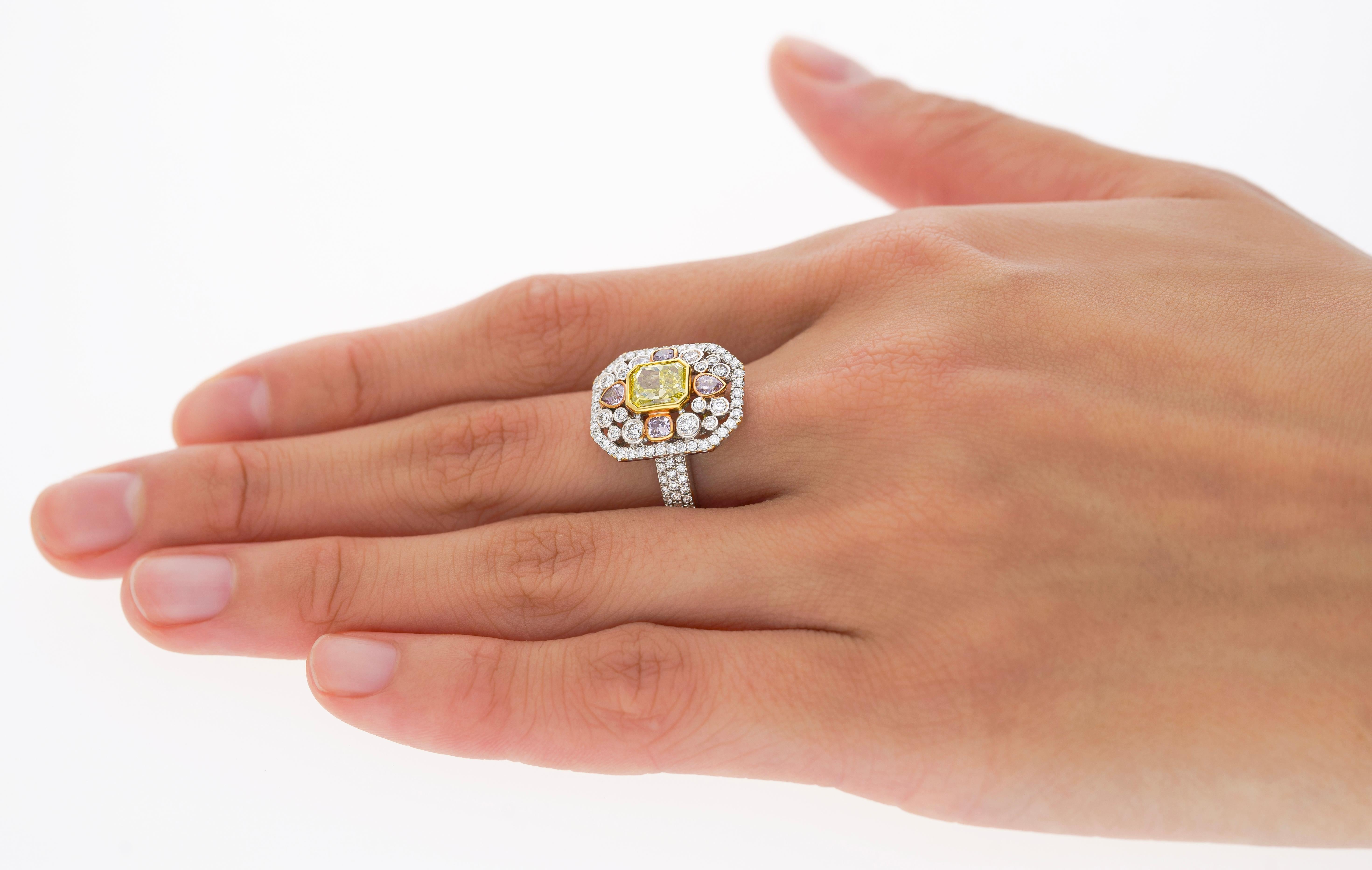 GIA Certified 1.15 Carat Radiant Cut Fancy Intense Yellowish Green Diamond Ring For Sale 4