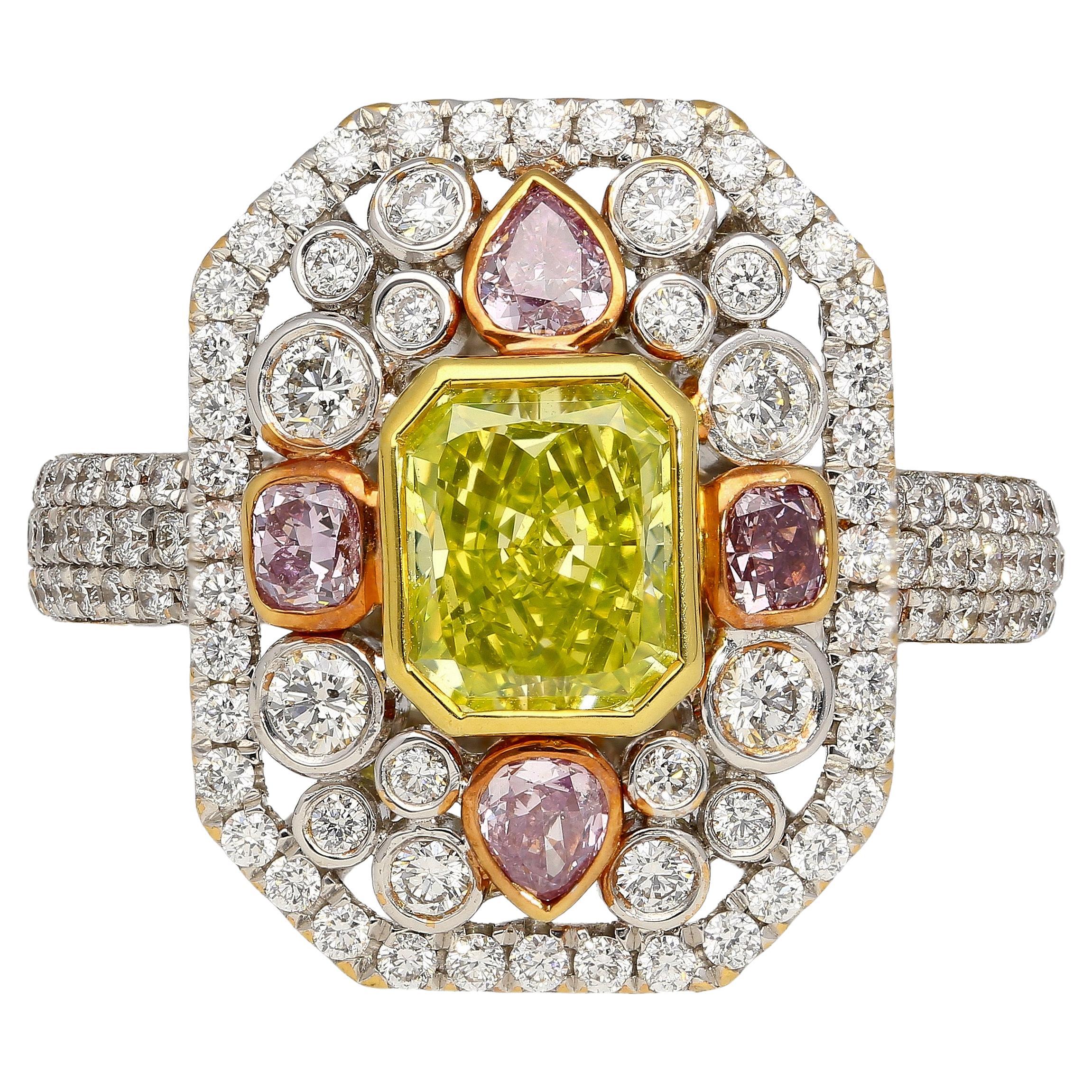 GIA Certified 1.15 Carat Radiant Cut Fancy Intense Yellowish Green Diamond Ring For Sale