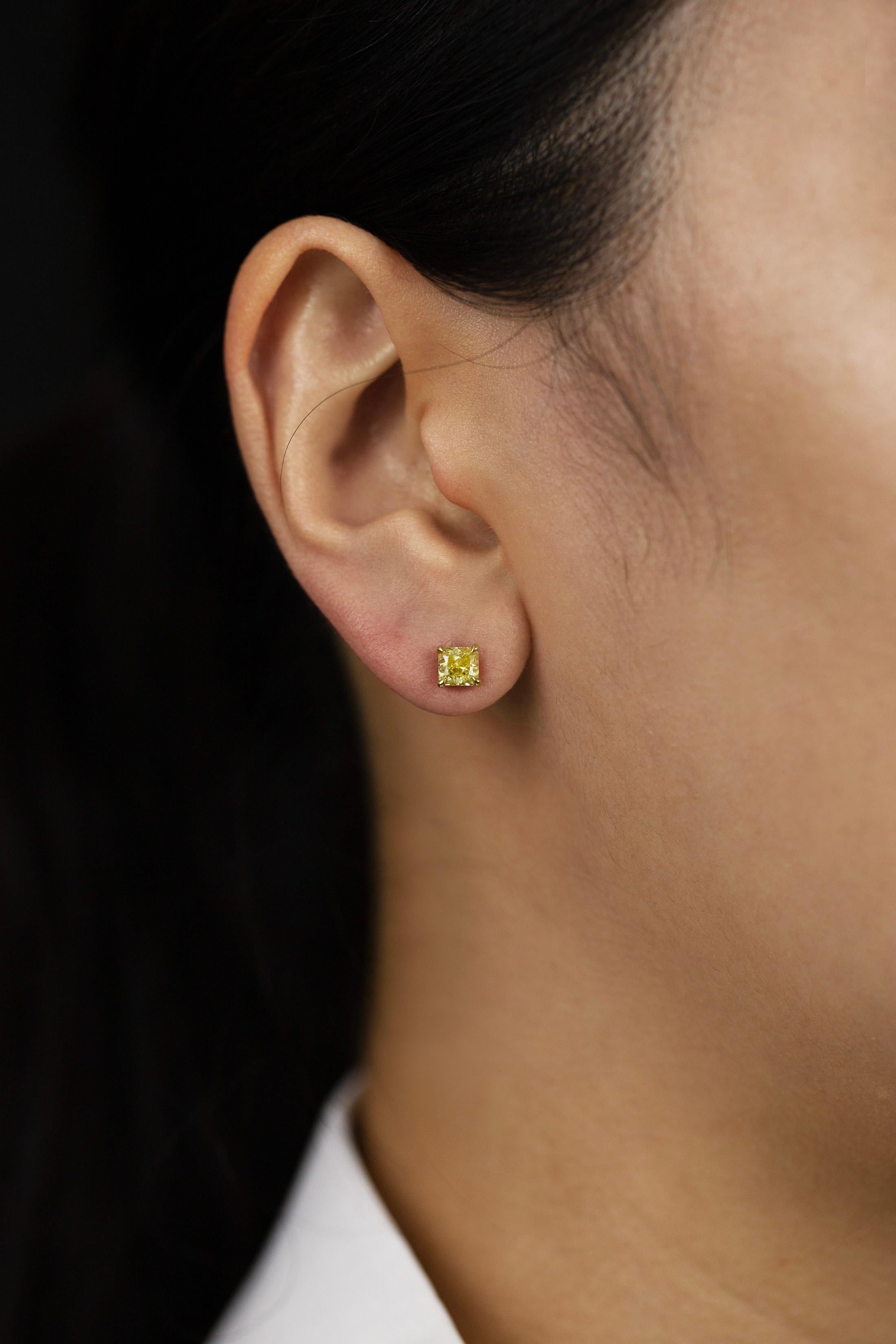 Women's GIA Certified 1.15 Carats Total Radiant Cut Fancy Yellow Diamond Stud Earrings For Sale