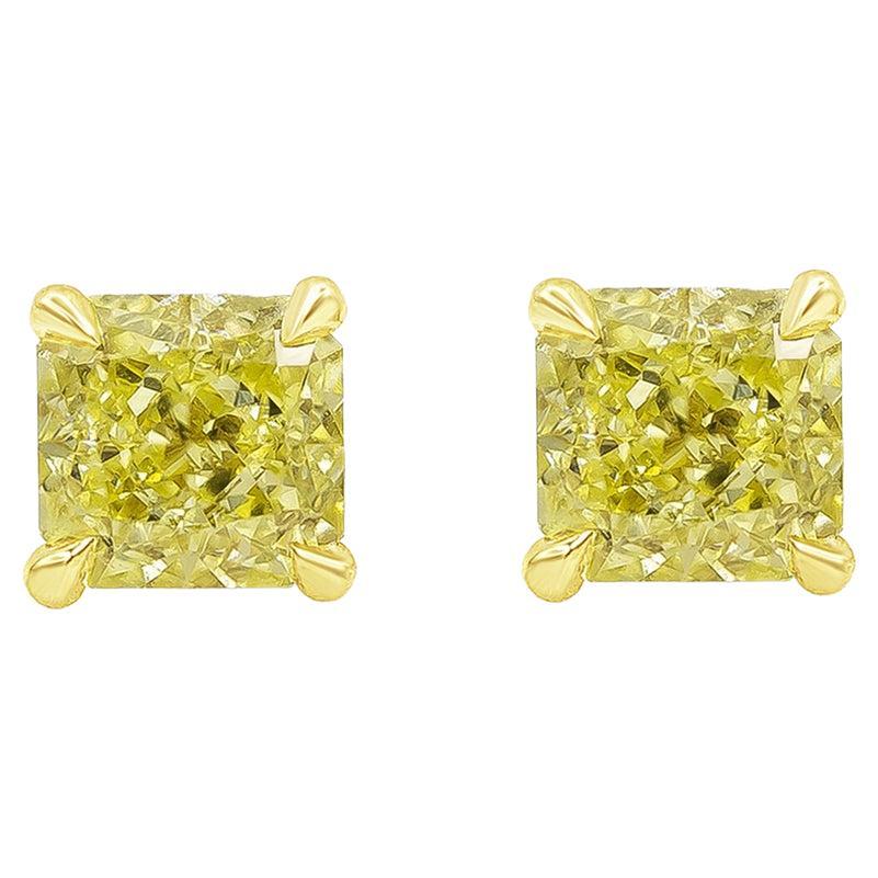 GIA Certified 1.15 Carats Total Radiant Cut Fancy Yellow Diamond Stud Earrings For Sale