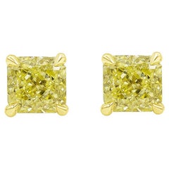 GIA Certified 1.15 Carats Total Radiant Cut Fancy Yellow Diamond Stud Earrings