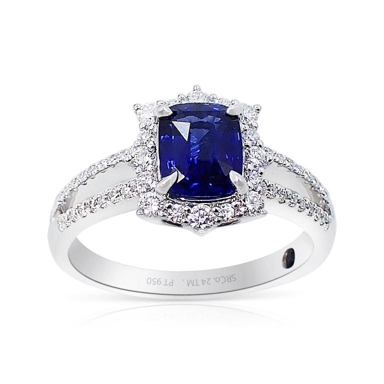 New platinum sapphire ring contains a transparent cushion cut Ceylon sapphire measuring 6.51 x 5.30 x 3.41 mm and weighing 1.15 carat.  Type II. Dark, moderately strong, blue color. GIA color grade B 7/4.

This is a gorgeous, vivid royal blue