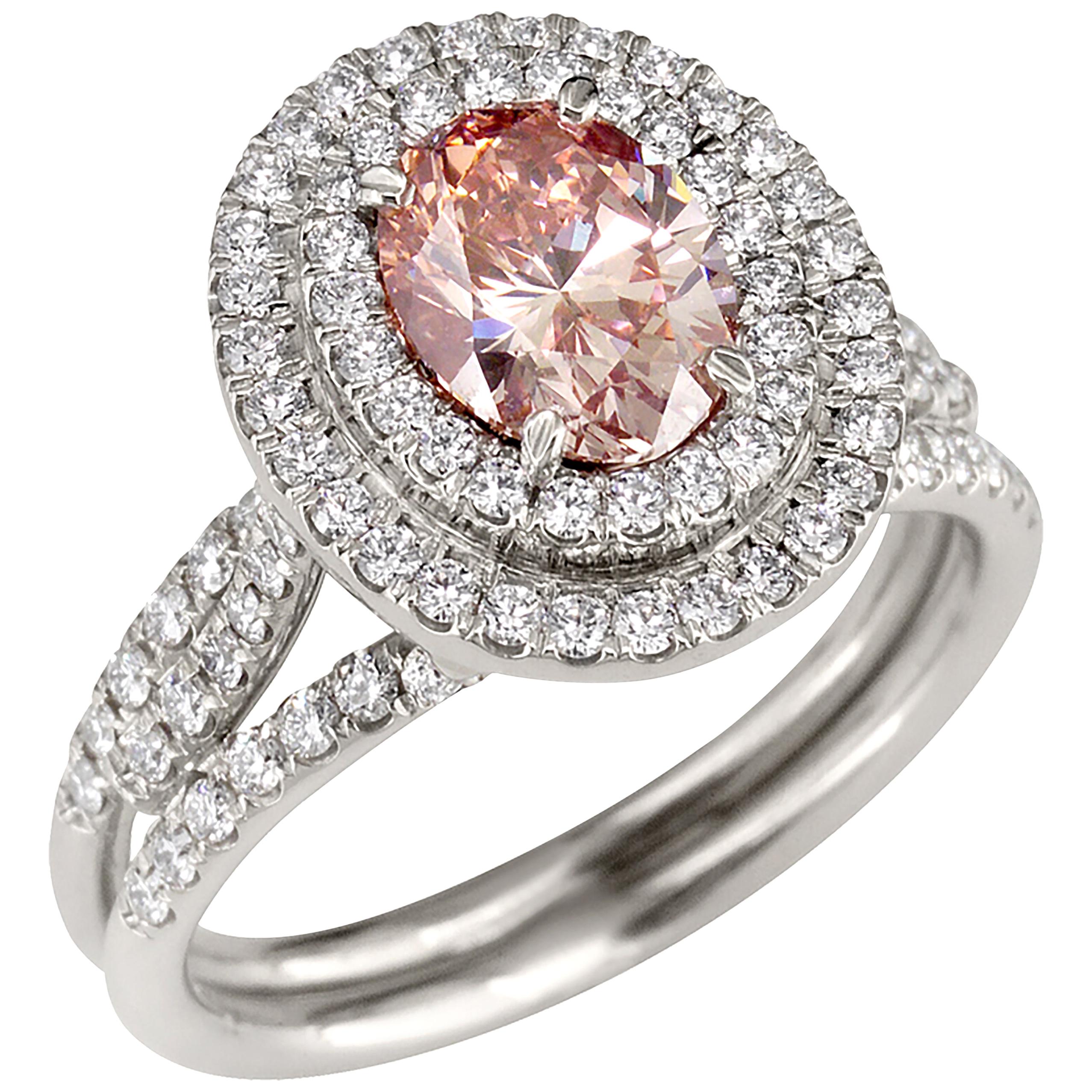 Rare GIA Certified 1.15 Fancy Brownish Orangy Pink Halo Oval Platinum Ring 