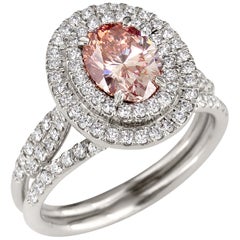 Rare GIA Certified 1.15 Fancy Brownish Orangy Pink Halo Oval Platinum Ring 