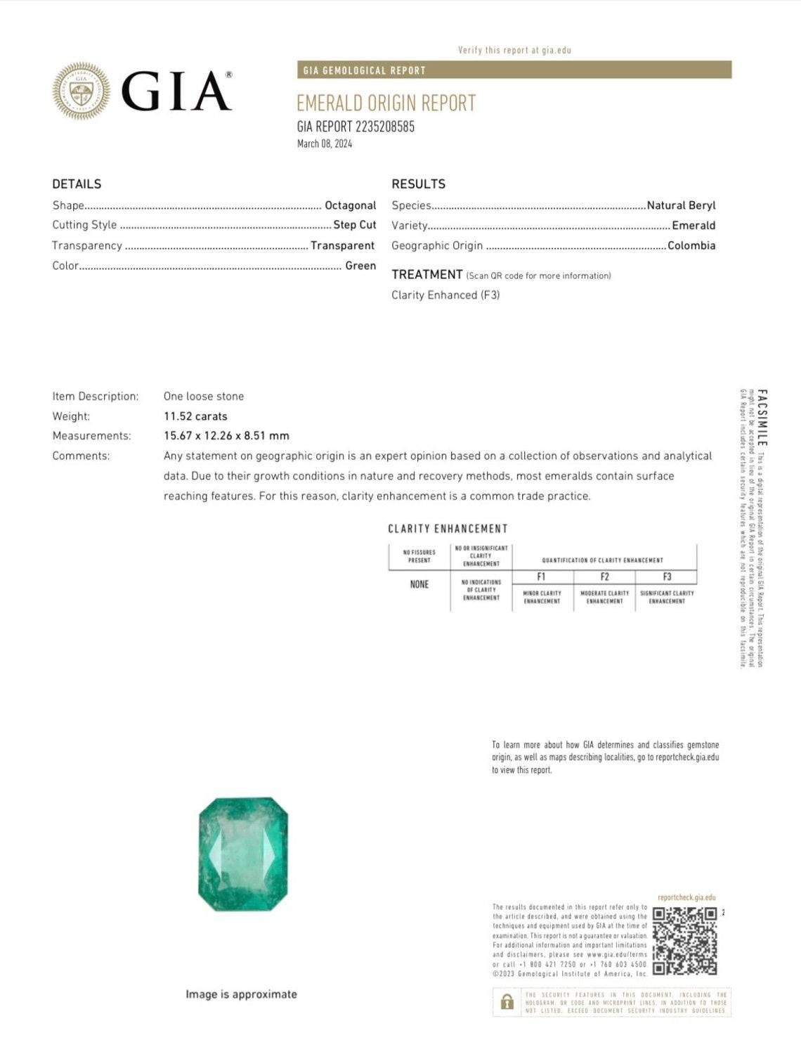 Stein: Smaragd
Gewicht: 11,52 Karat
Form: Smaragd-Schliff
Klarheit: Transparent
Lüster: Sehr gut
Farbe: Vivid Muzo Green
Abmessungen: 15,67 mm x 12,26 mm x 8,51 mm
Geografische Herkunft: Kolumbien
Behandlung: Natürlich, Ölen F3

Anmerkungen: