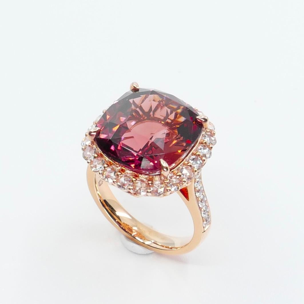 Contemporary GIA Certified 11.55 Cts Orange Pink Tourmaline & Rose Cut Diamond Cocktail Ring For Sale