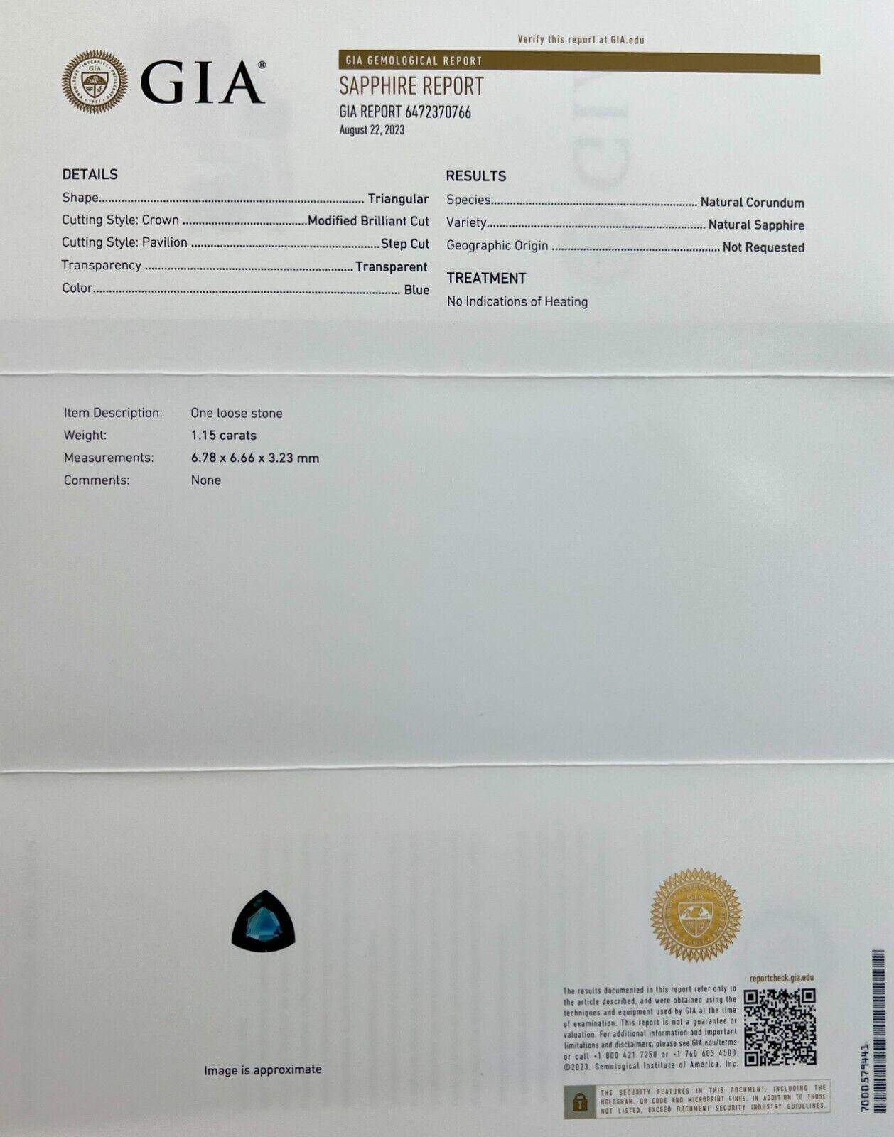 GIA zertifiziert 1.15Ct blauer Saphir unbehandelt feiner natürlicher Dreiecksschliff Edelstein im Angebot 4