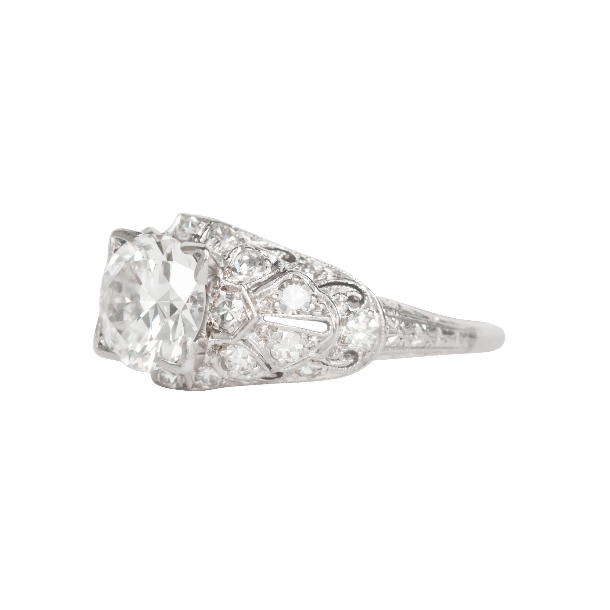 Item Details: 
Ring Size: 7.75
Metal Type: Platinum [Hallmarked, and Tested]
Weight: 4.2 grams

Center Diamond Details:
GIA REPORT # 2201874445
Weight: 1.16 carat
Cut: Old European Brilliant
Color: I
Clarity: SI1

Side Diamond Details:
Weight: .25