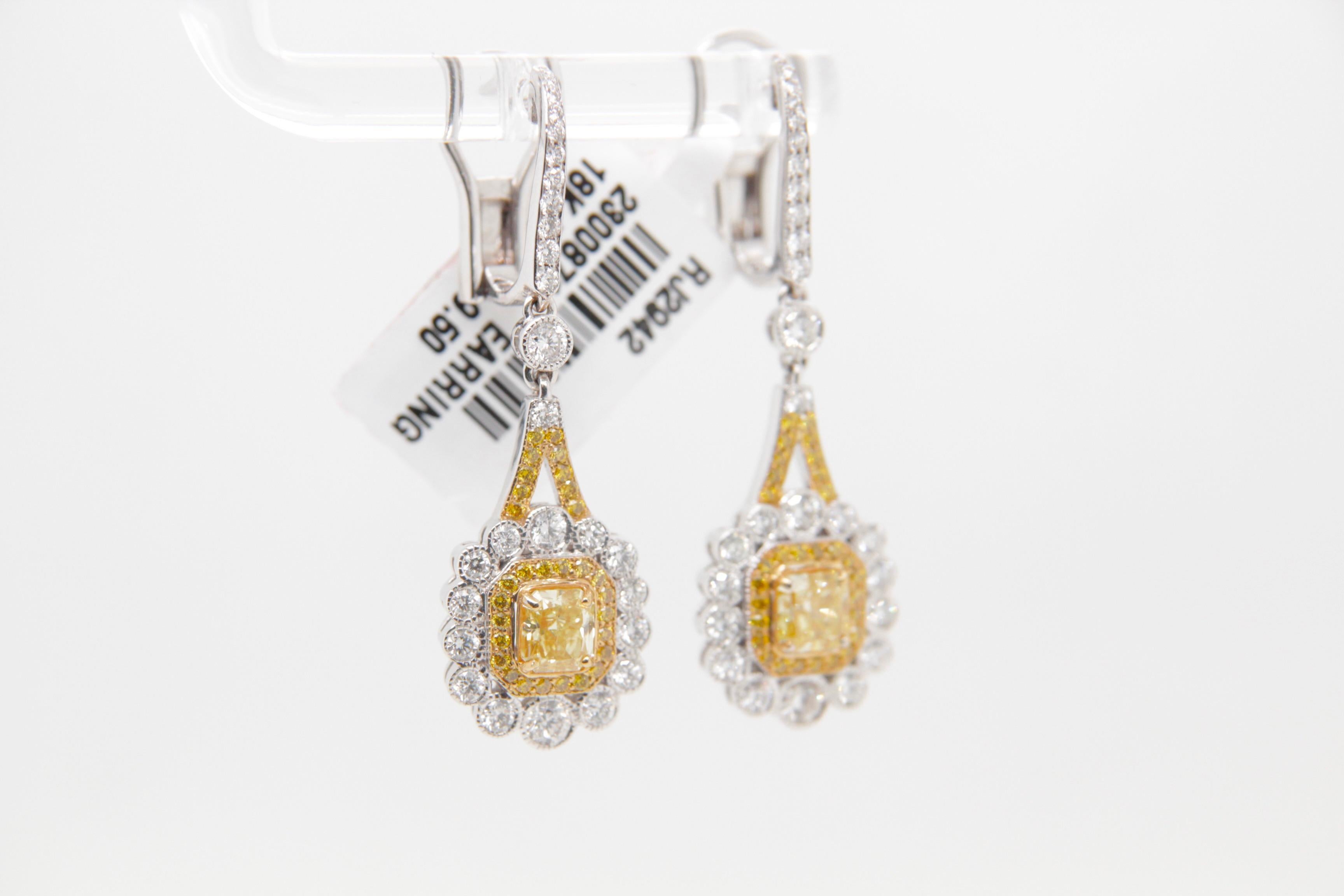 Radiant Cut GIA Certified 1.16 carat Fancy Intense Yellow Floral Diamond Dangle Earrings For Sale
