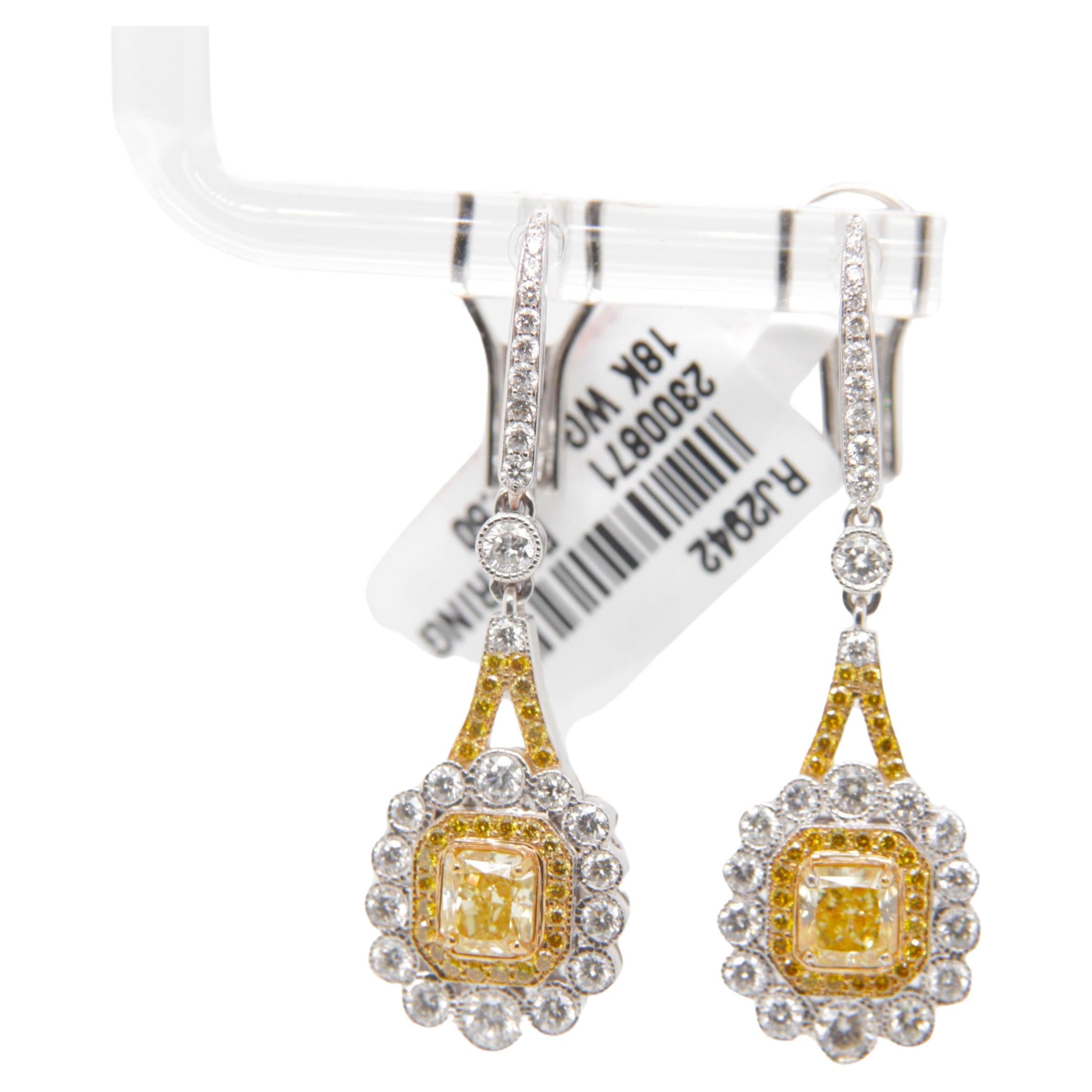 GIA Certified 1.16 carat Fancy Intense Yellow Floral Diamond Dangle Earrings For Sale