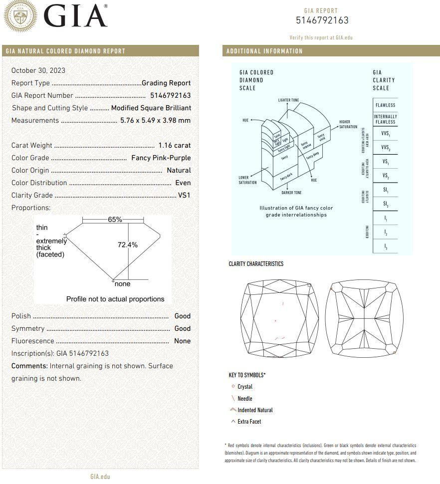 Diamante certificado por el GIA de 1,16 quilates Fancy Pink Purple VS1 Clarity en venta 1