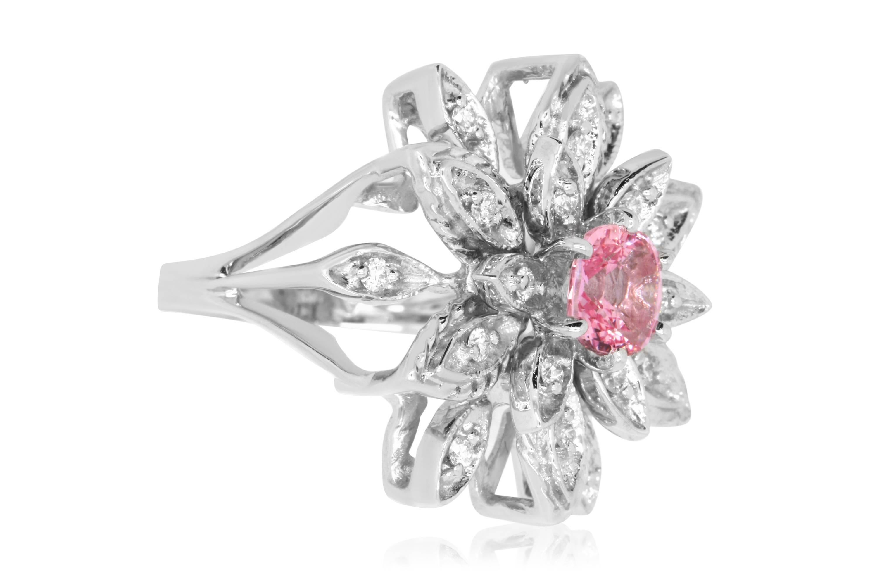 Material: 18k White Gold 
Center Stone Details:  1.16 Carat Padparadscha Sapphire
Mounting Diamond Details: 18 Round White Diamonds Approximately 0.30 Carats - Clarity: SI / Color: H-I
Ring Size: Size 6.5. Alberto offers complimentary sizing on all