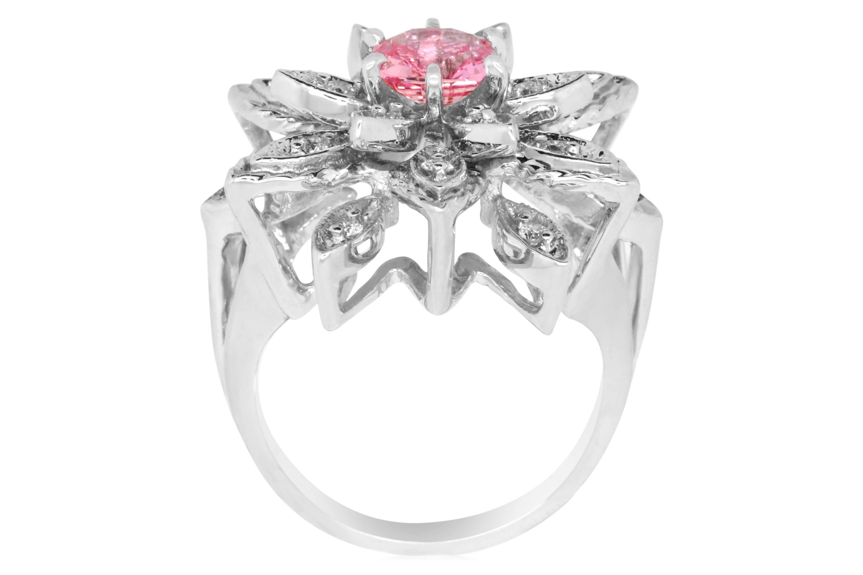 Contemporary GIA Certified Padparadscha Sapphire and White Diamond Flower Ring 18K White Gold