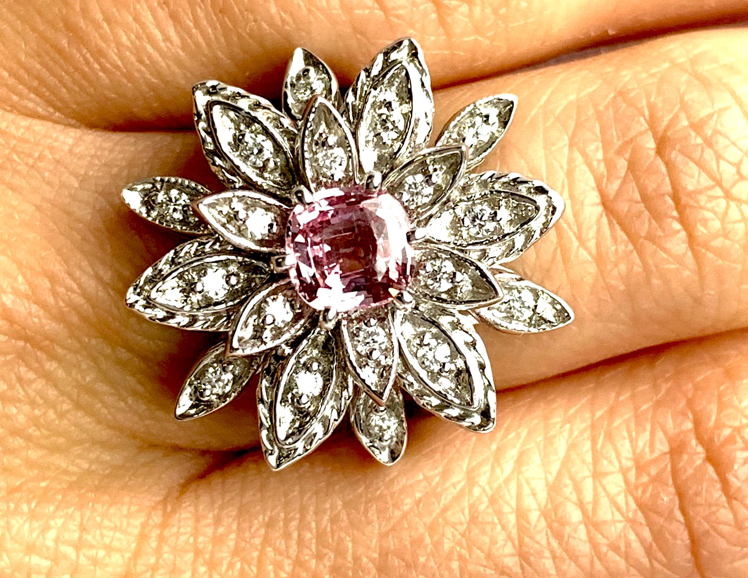 Cushion Cut GIA Certified Padparadscha Sapphire and White Diamond Flower Ring 18K White Gold