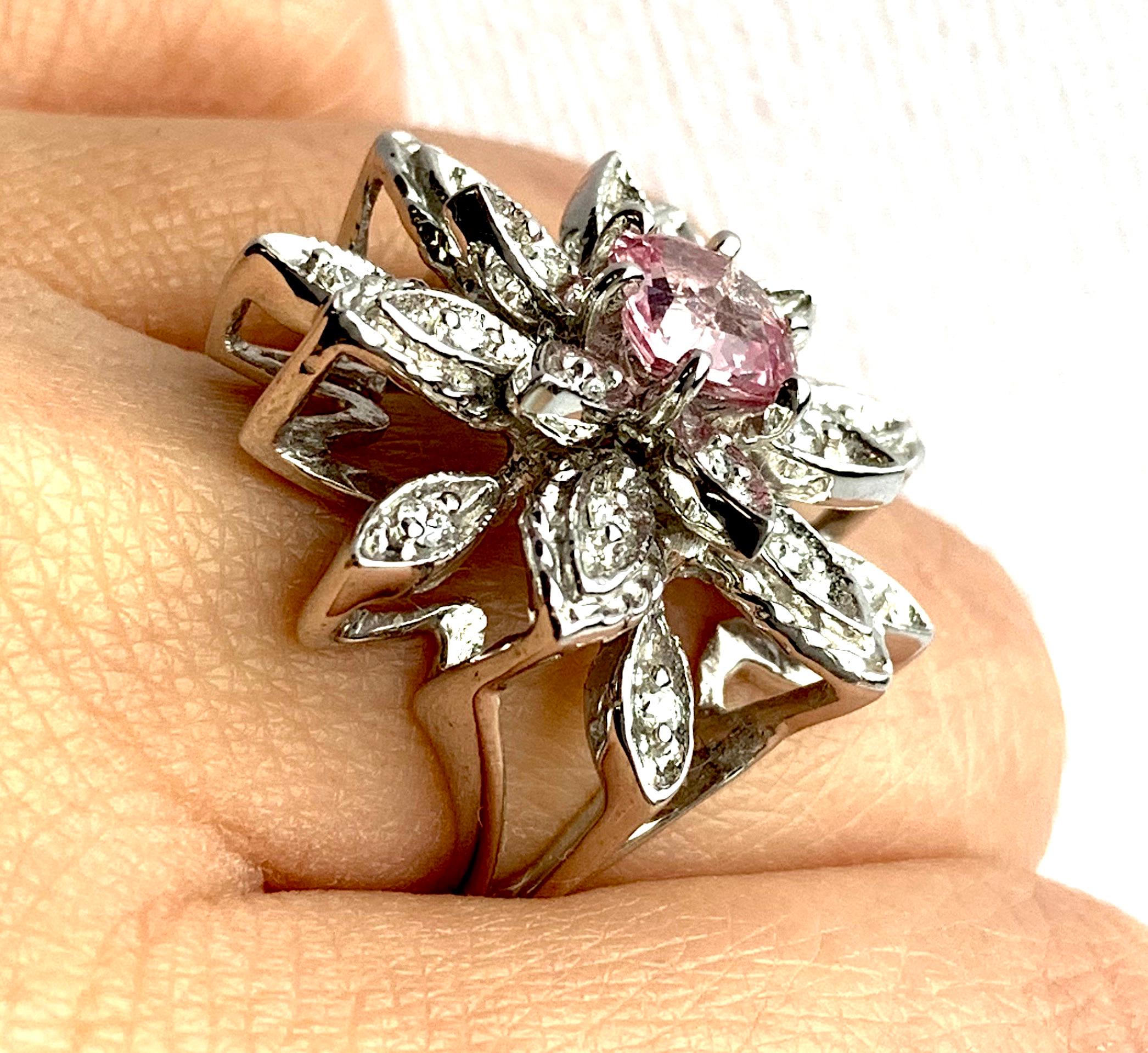 GIA Certified Padparadscha Sapphire and White Diamond Flower Ring 18K White Gold In New Condition In GREAT NECK, NY