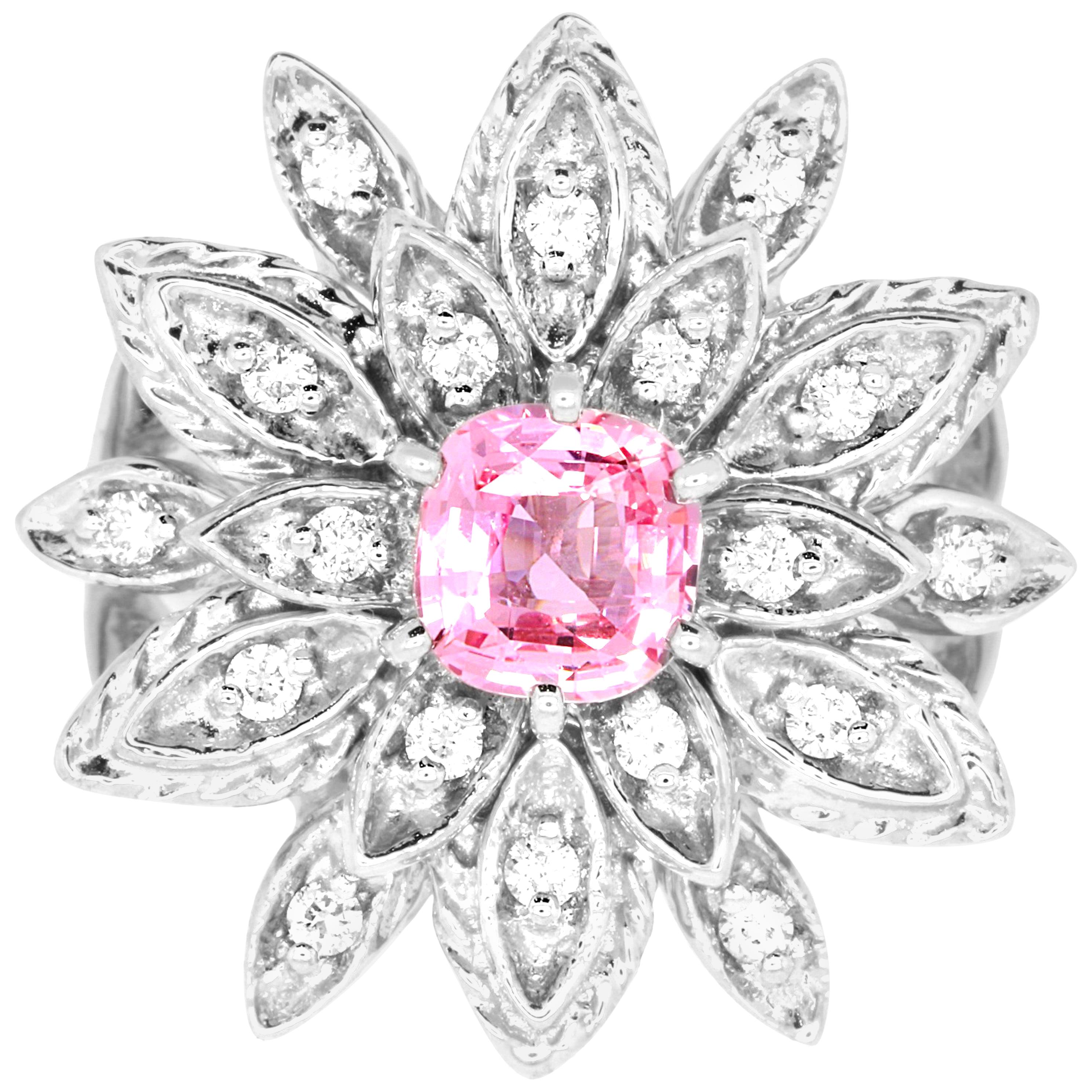 GIA Certified Padparadscha Sapphire and White Diamond Flower Ring 18K White Gold