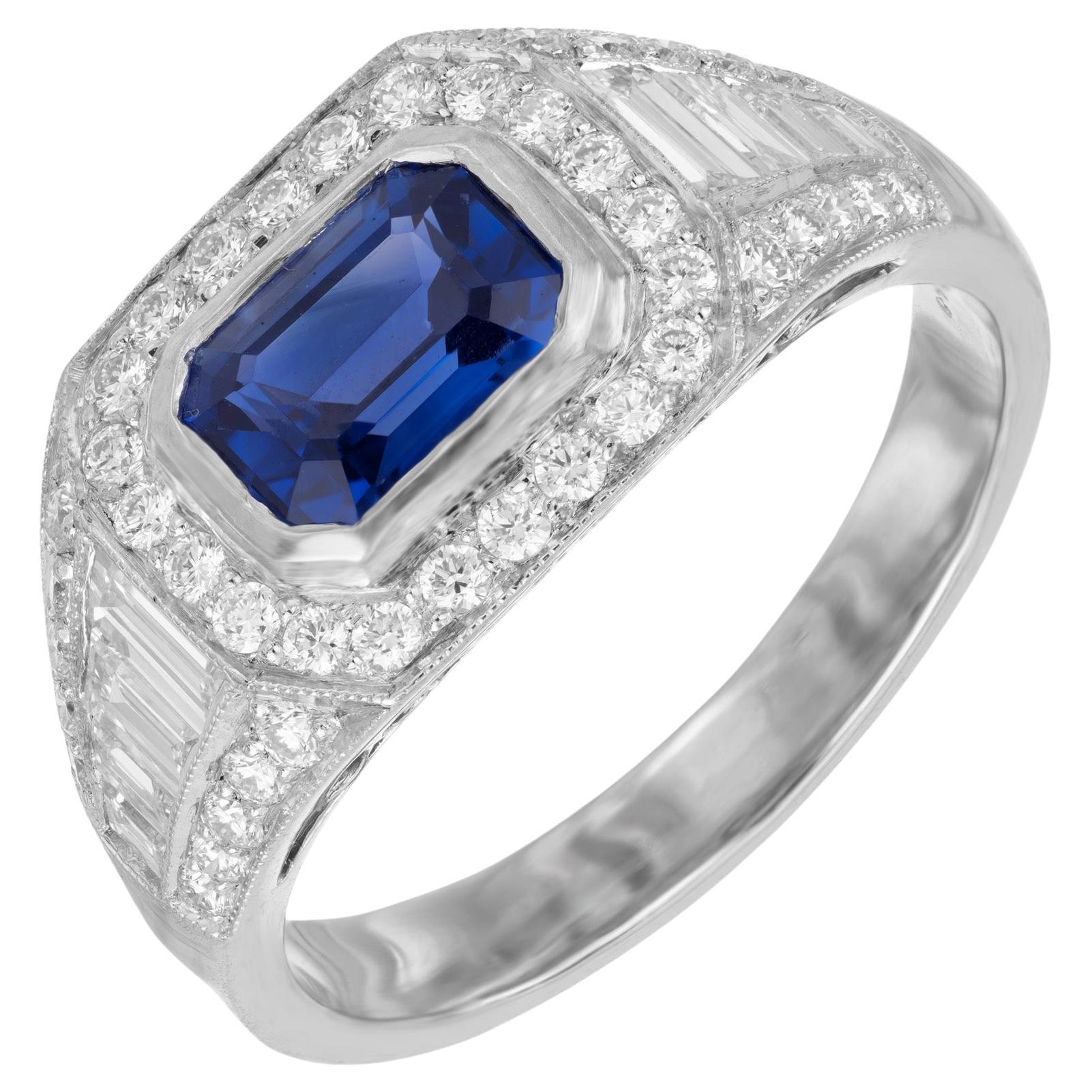 GIA Certified 1.16 Cart Sapphire Diamond Halo Platinum Art Deco Engagement Ring