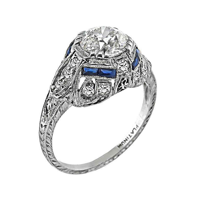 Old European Cut GIA Certified 1.16ct Diamond Sapphire Art Deco Engagement Ring For Sale