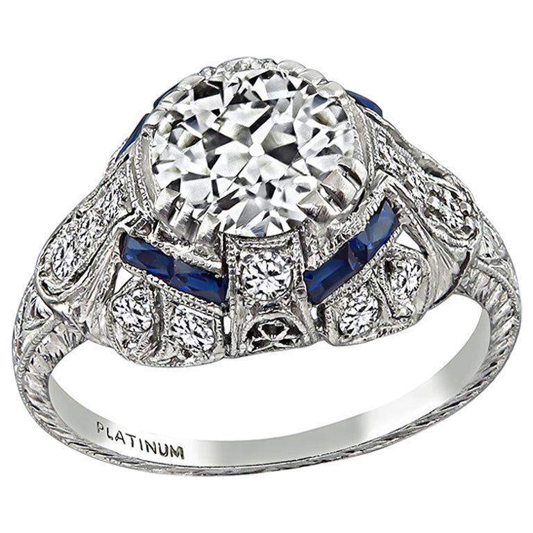 Anello di fidanzamento Art Deco con diamante e zaffiro certificato GIA da 1,16 carati in vendita