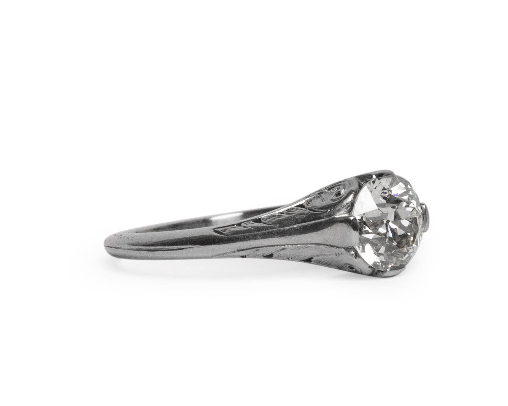 Ring Size: 7.5
Metal Type: Platinum  [Hallmarked, and Tested]
Weight: 4.7  grams

Center Diamond Details:
GIA REPORT #:2211054397
Weight: 1.17 carat
Cut: Old European Brilliant
Color: M
Clarity: SI1

Finger to Top of Stone Measurement: