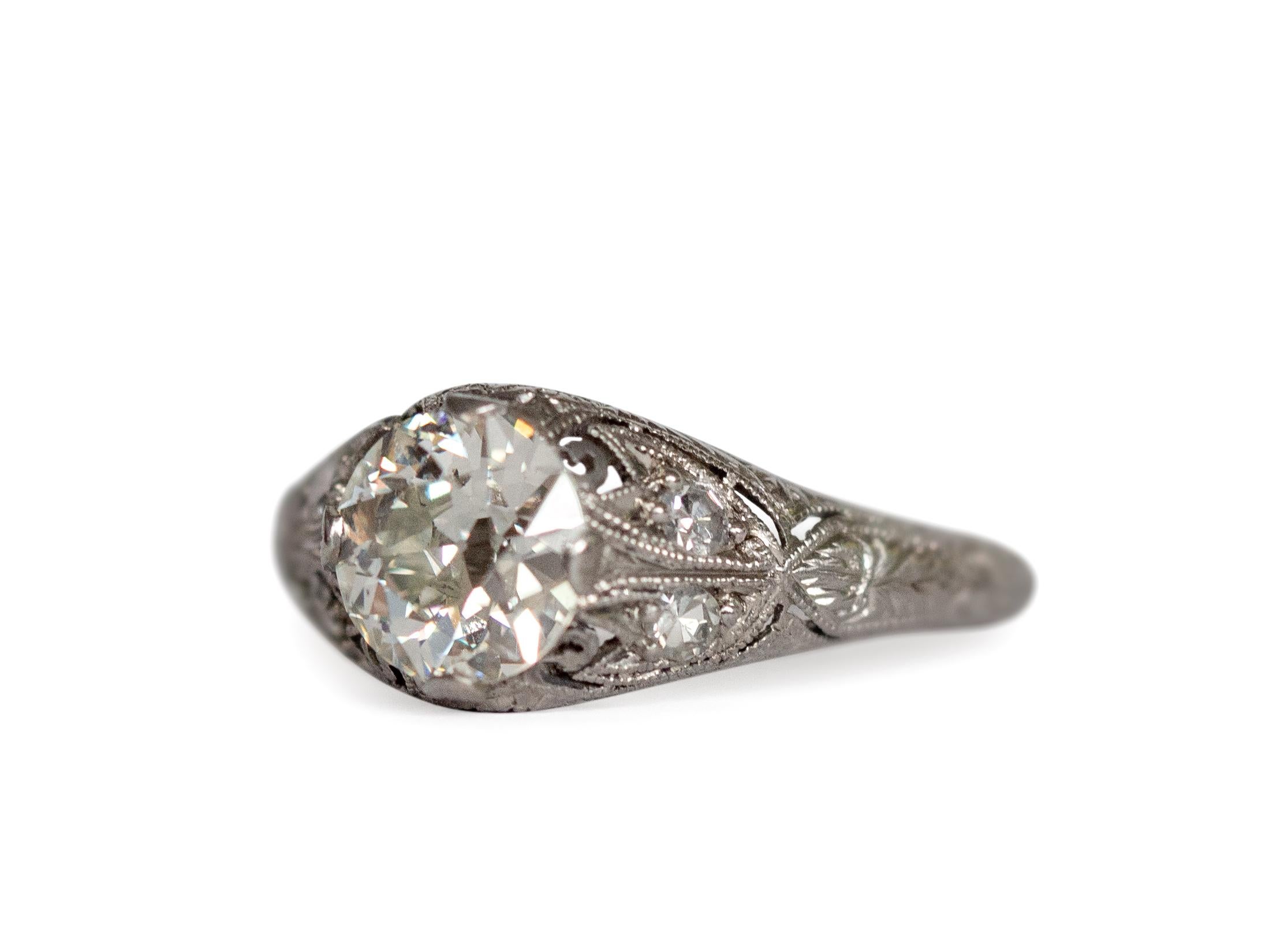 Ring Size: 5.5
Metal Type: Platinum  [Hallmarked, and Tested]
Weight:  3 grams

Center Diamond Details:
GIA REPORT #: 2215129586
Weight: 1.17 carat
Cut: Old European Brilliant
Color: J
Clarity: SI1

Side Diamond Details:
Weight: .10 carat, total