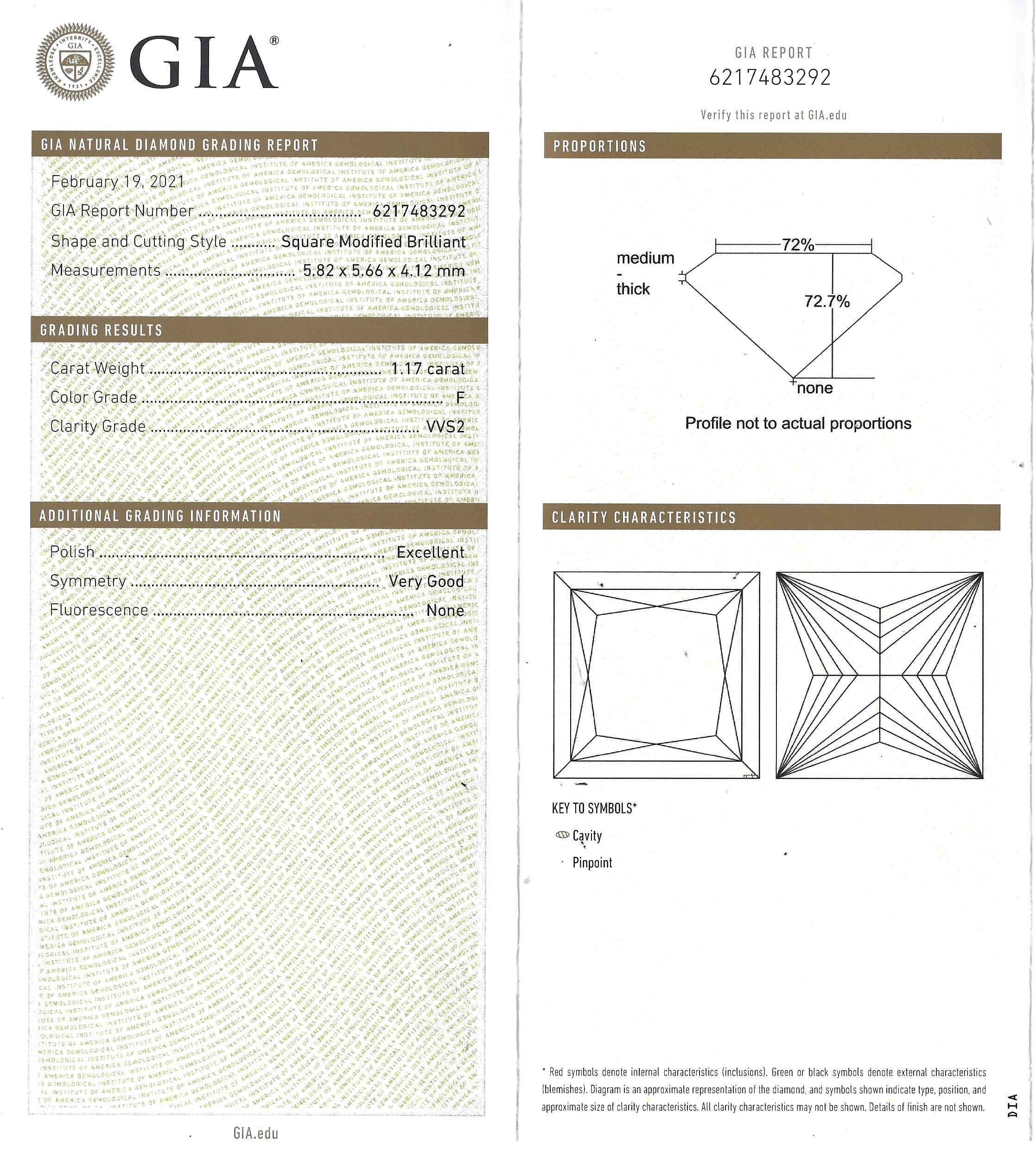 Contemporary GIA Certified 1.17 Carat Princess Cut Diamond Engagement Ring F VVS2 Platinum