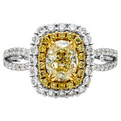 GIA Certified 1.17 Carats Oval Cut Yellow Diamond Double Halo Engagement Ring