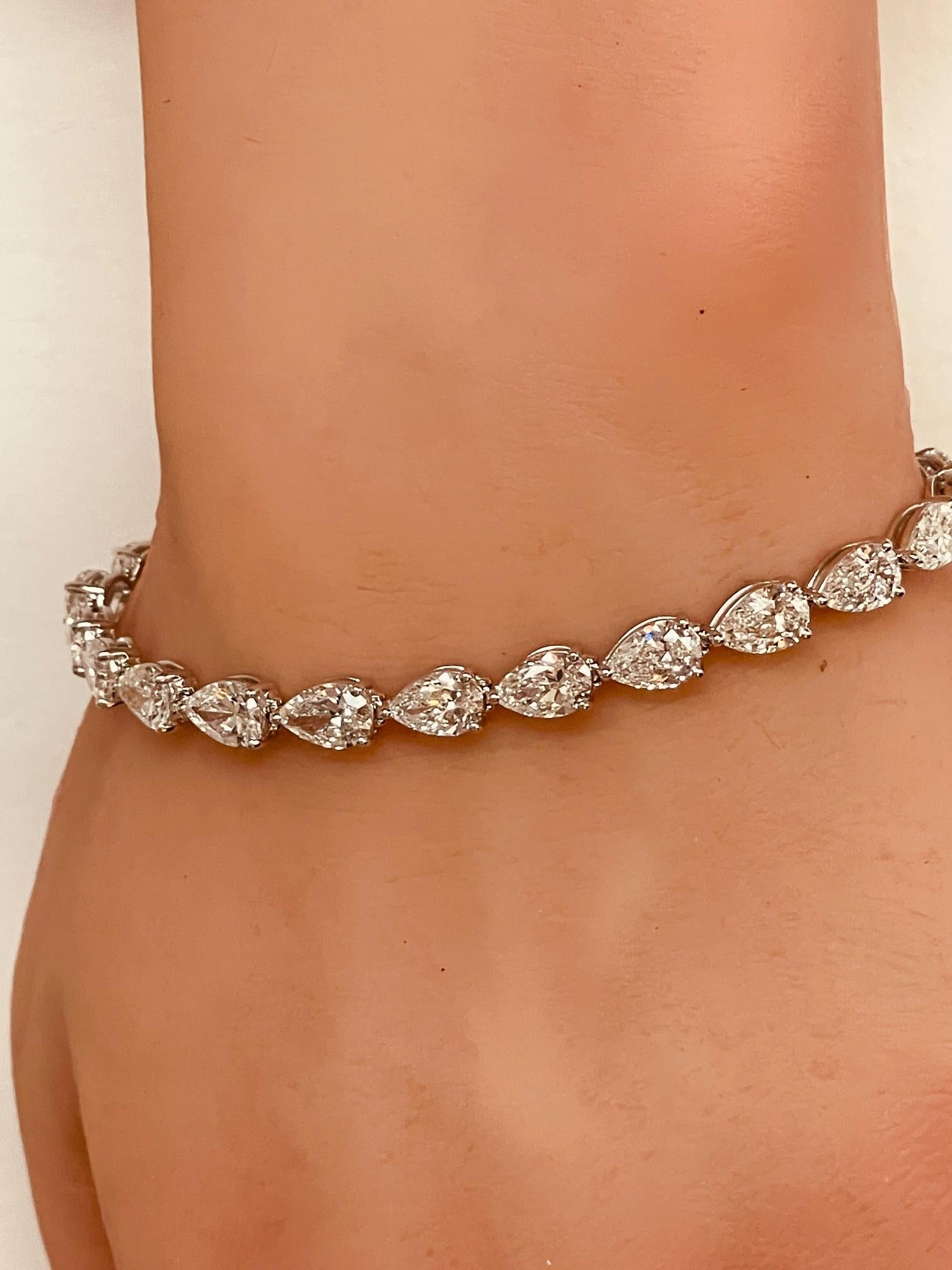 Pear Cut GIA certified 11.59 CTW Pear Shape Diamond Tennis Bracelet in 14K White Gold For Sale