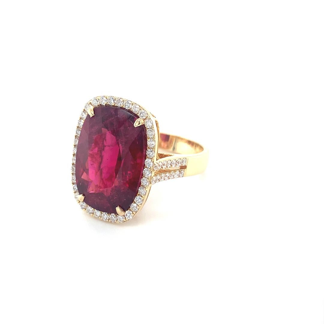 11.72 Carat Brilliant cut Cushion Rubellite with Diamond set in 18 Kt yellow gold
