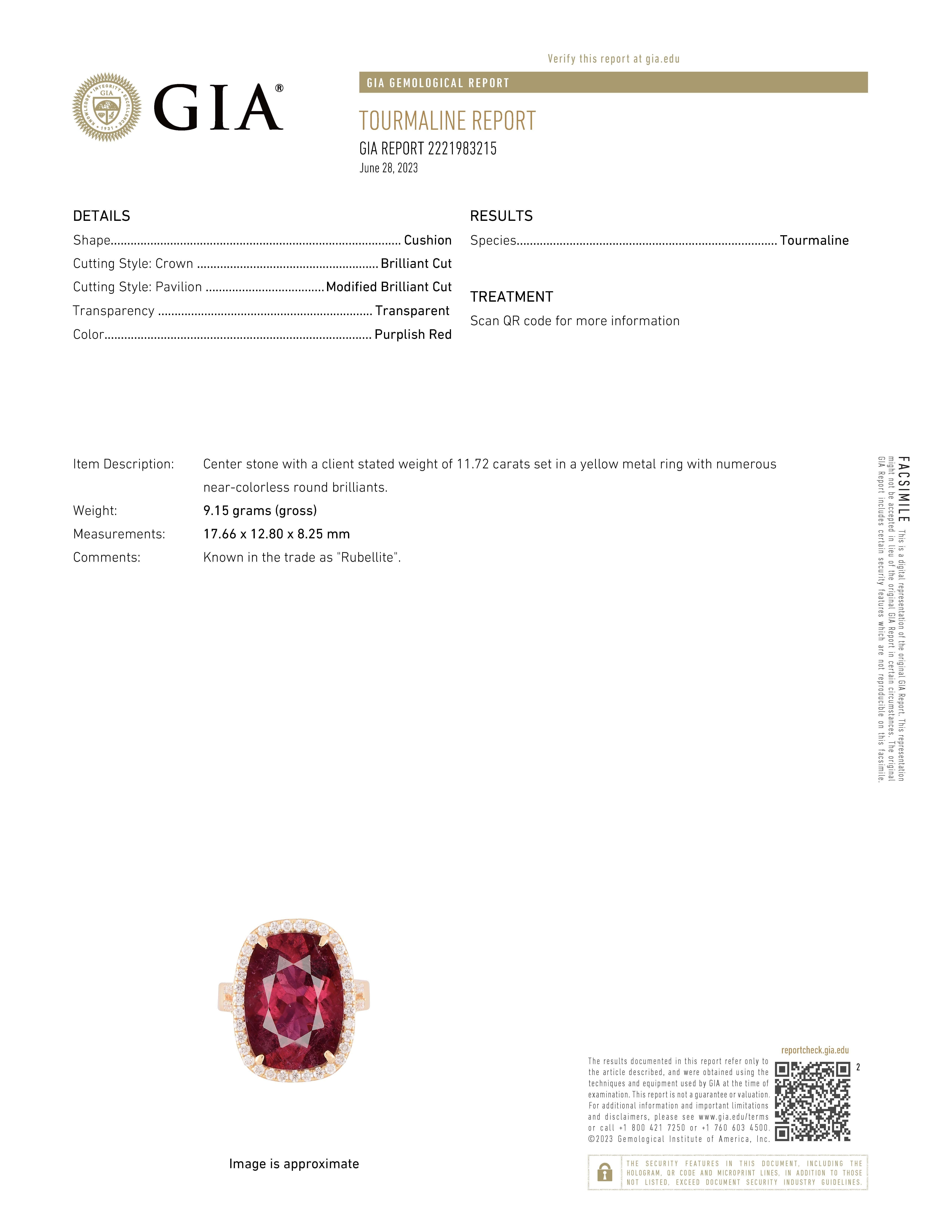 Women's GIA Certified 11.72 Carat Rubellite Diamond Ring For Sale