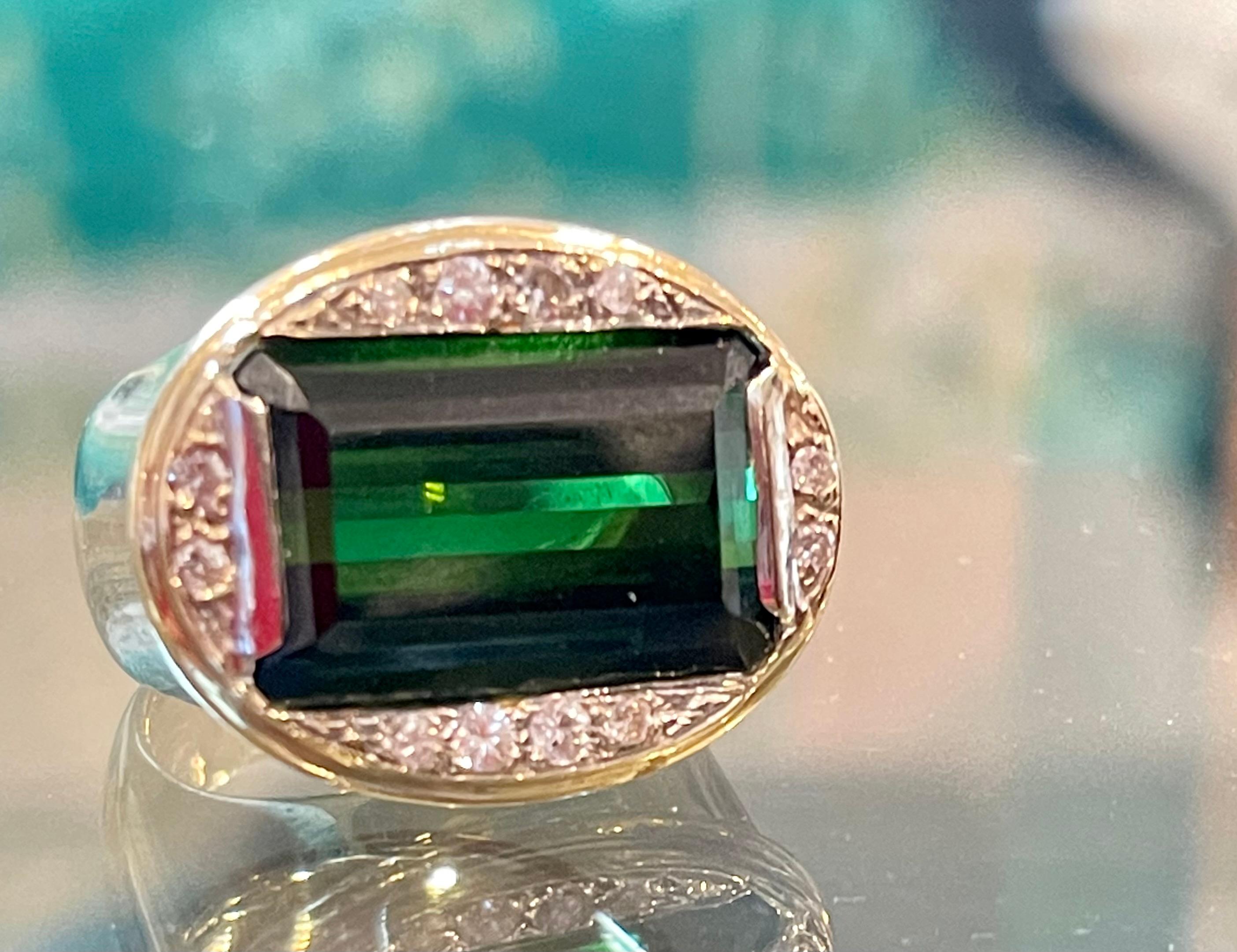 GIA Certified 11.72 Ct Green Tourmaline & Diamond Cocktail Ring 14K Yellow Gold For Sale 4
