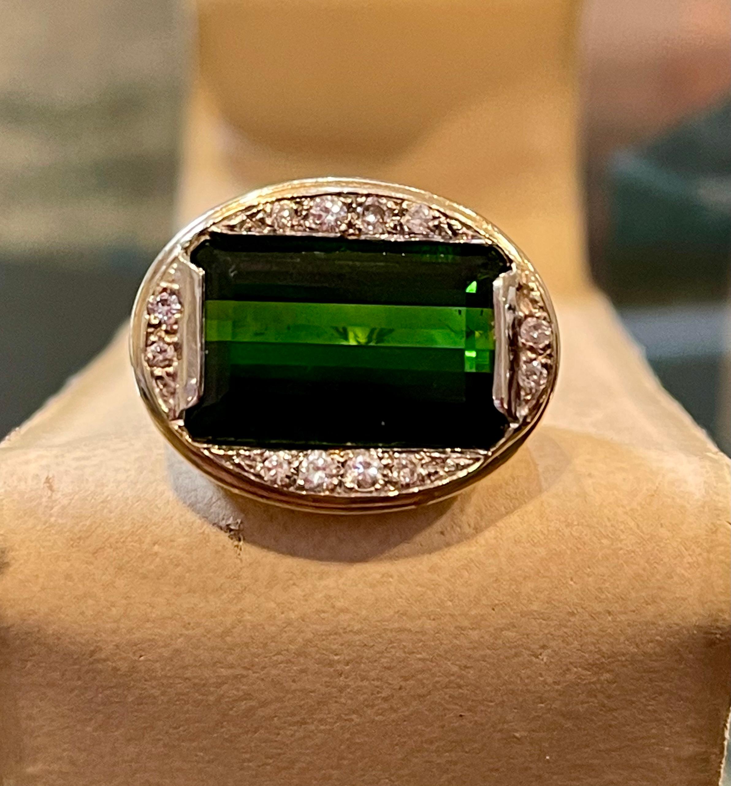 GIA Certified 11.72 Ct Green Tourmaline & Diamond Cocktail Ring 14K Yellow Gold For Sale 5