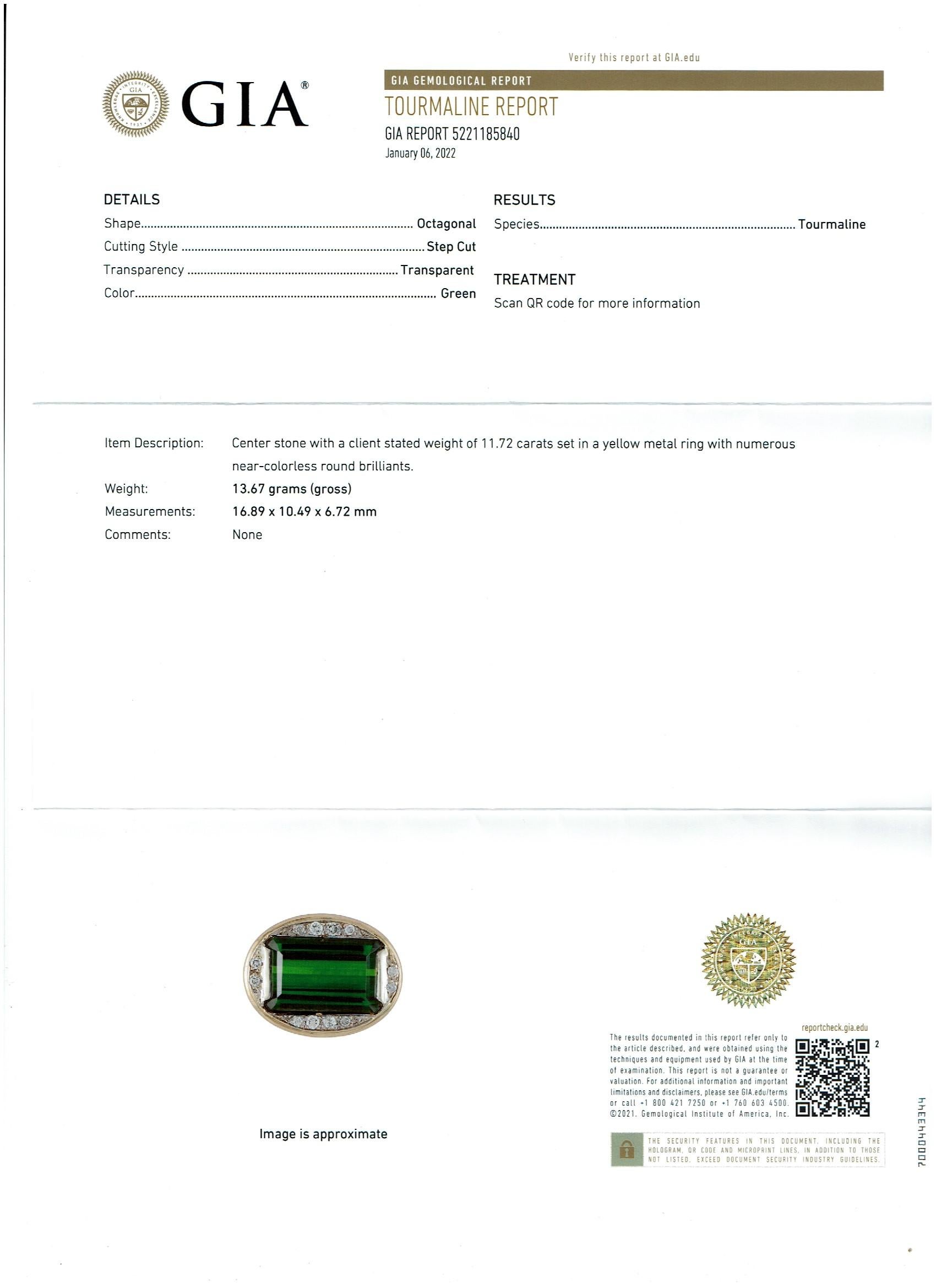 GIA Certified 11.72 Ct Green Tourmaline & Diamond Cocktail Ring 14K Yellow Gold For Sale 6