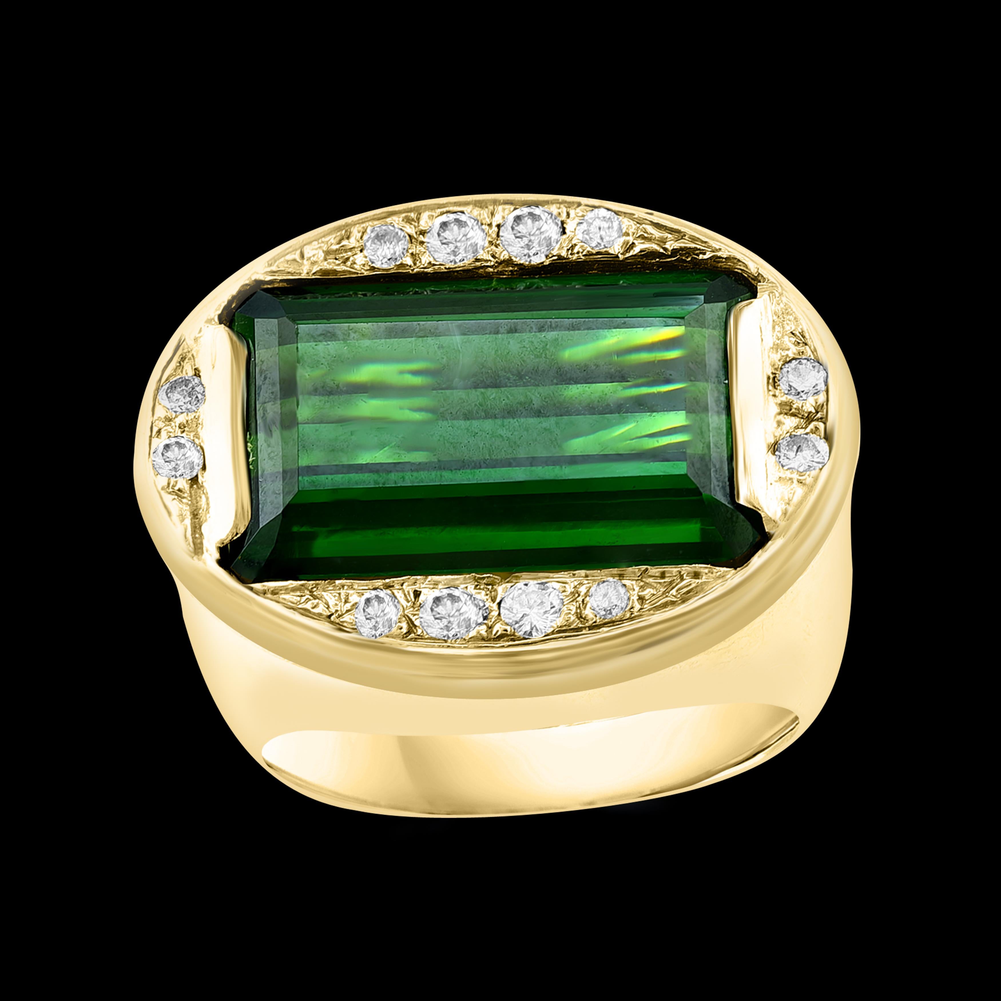 GIA Certified 11.72 Ct Green Tourmaline & Diamond Cocktail Ring 14K Yellow Gold For Sale 9