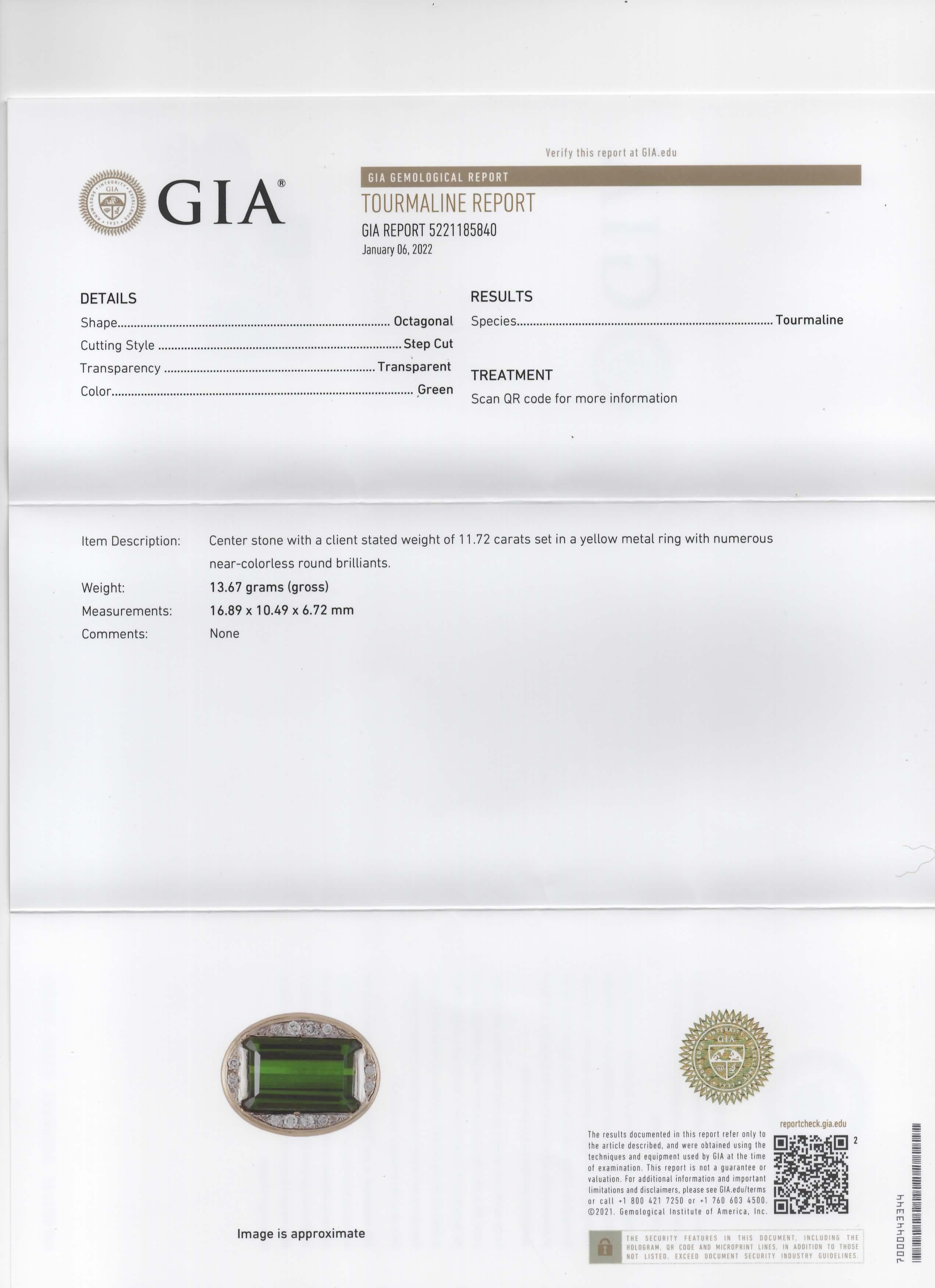 Bague cocktail en or jaune 14 carats avec tourmaline verte de 11,72 carats certifiée GIA et diamants en vente 10