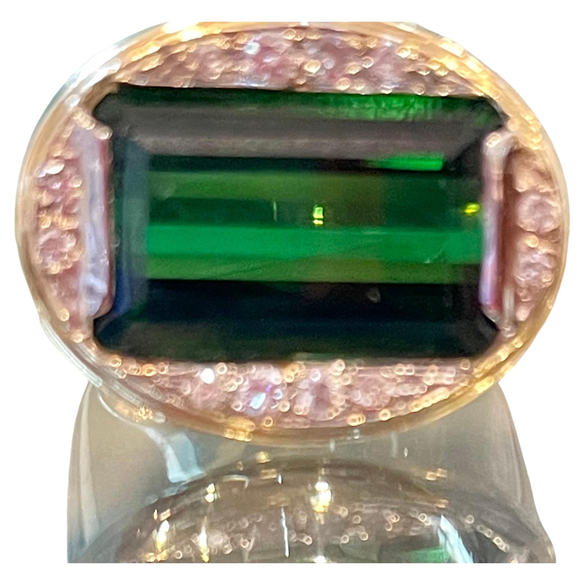 Emerald Cut GIA Certified 11.72 Ct Green Tourmaline & Diamond Cocktail Ring 14K Yellow Gold For Sale
