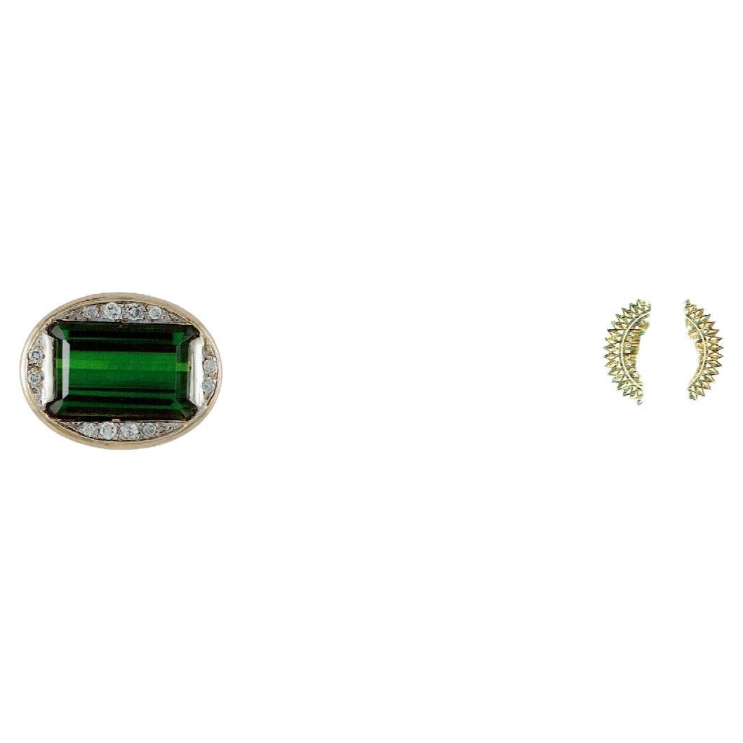GIA Certified 11.72 Ct Green Tourmaline & Diamond Cocktail Ring 14K Yellow Gold For Sale 1